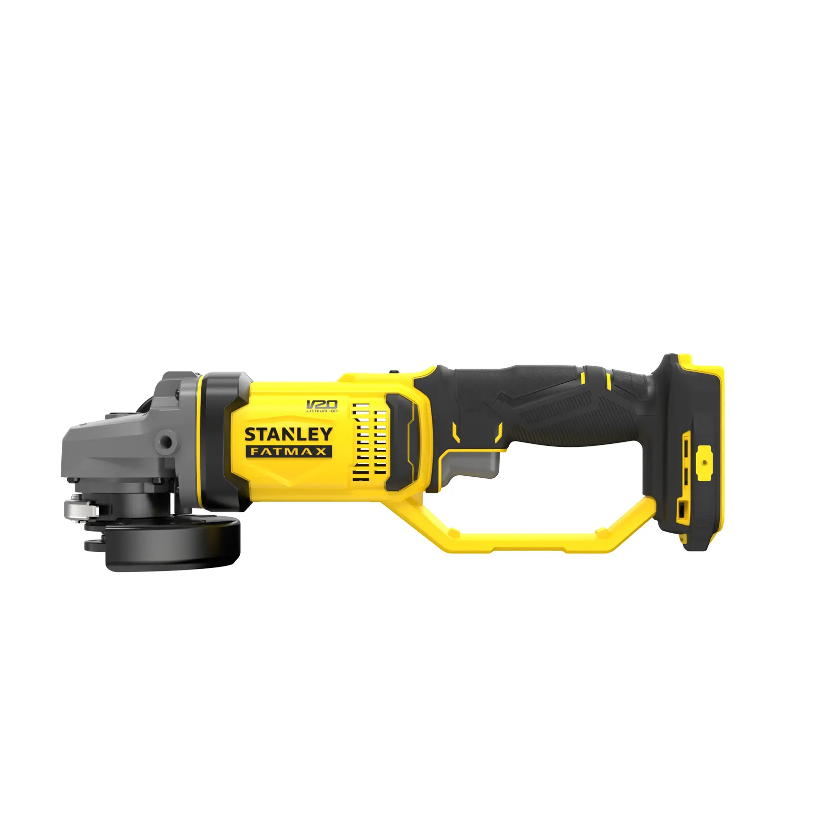 STANLEY SFMCG300B cordless angle grinder, yellow and black, side view, power tool photography.