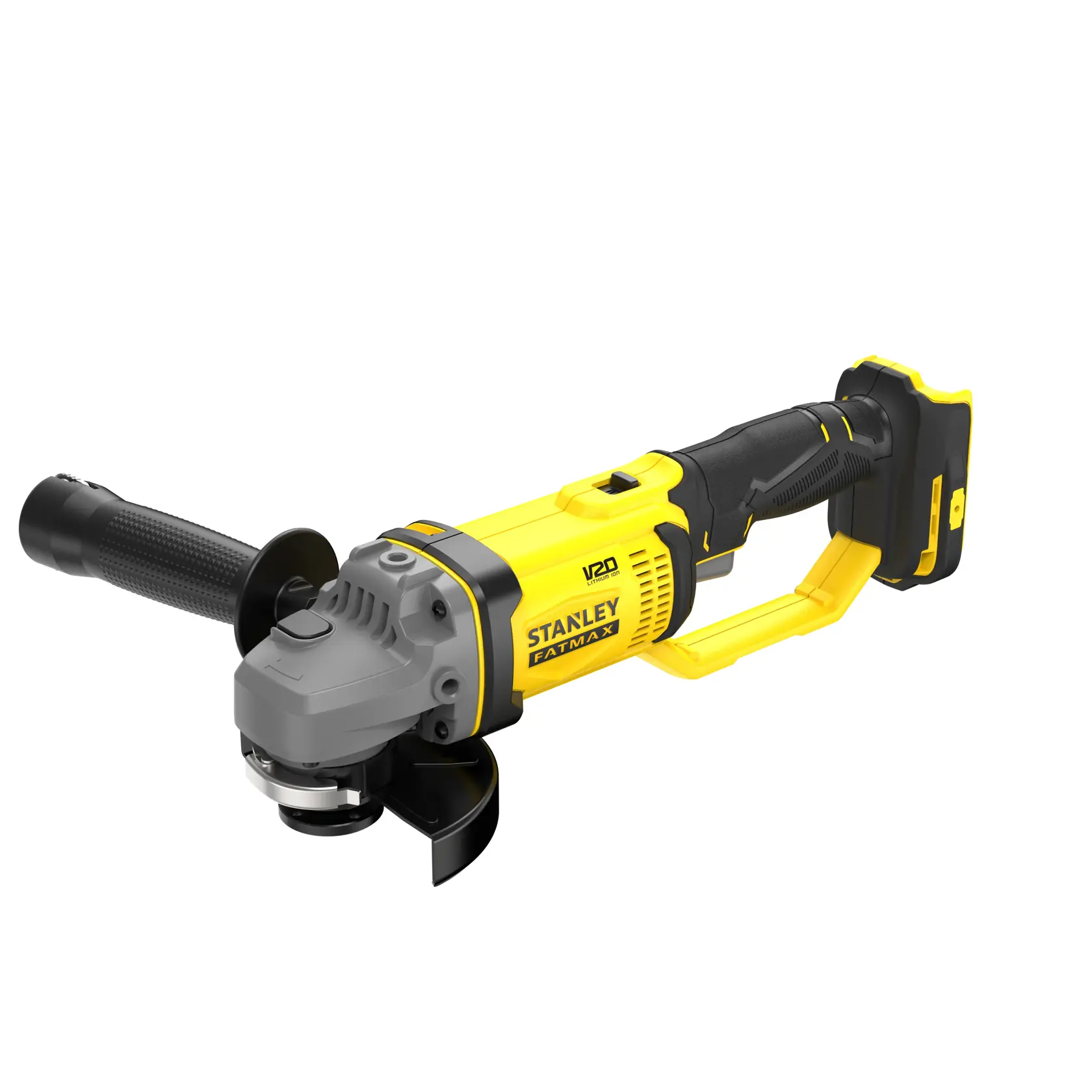 Photo of STANLEY SFMCG300B cordless angle grinder, yellow and black, side view, product photography.