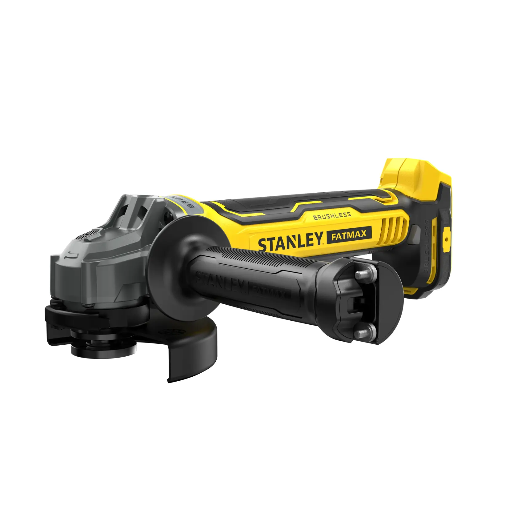 STANLEY SFMCG700B cordless angle grinder, yellow and black, side view on white background.