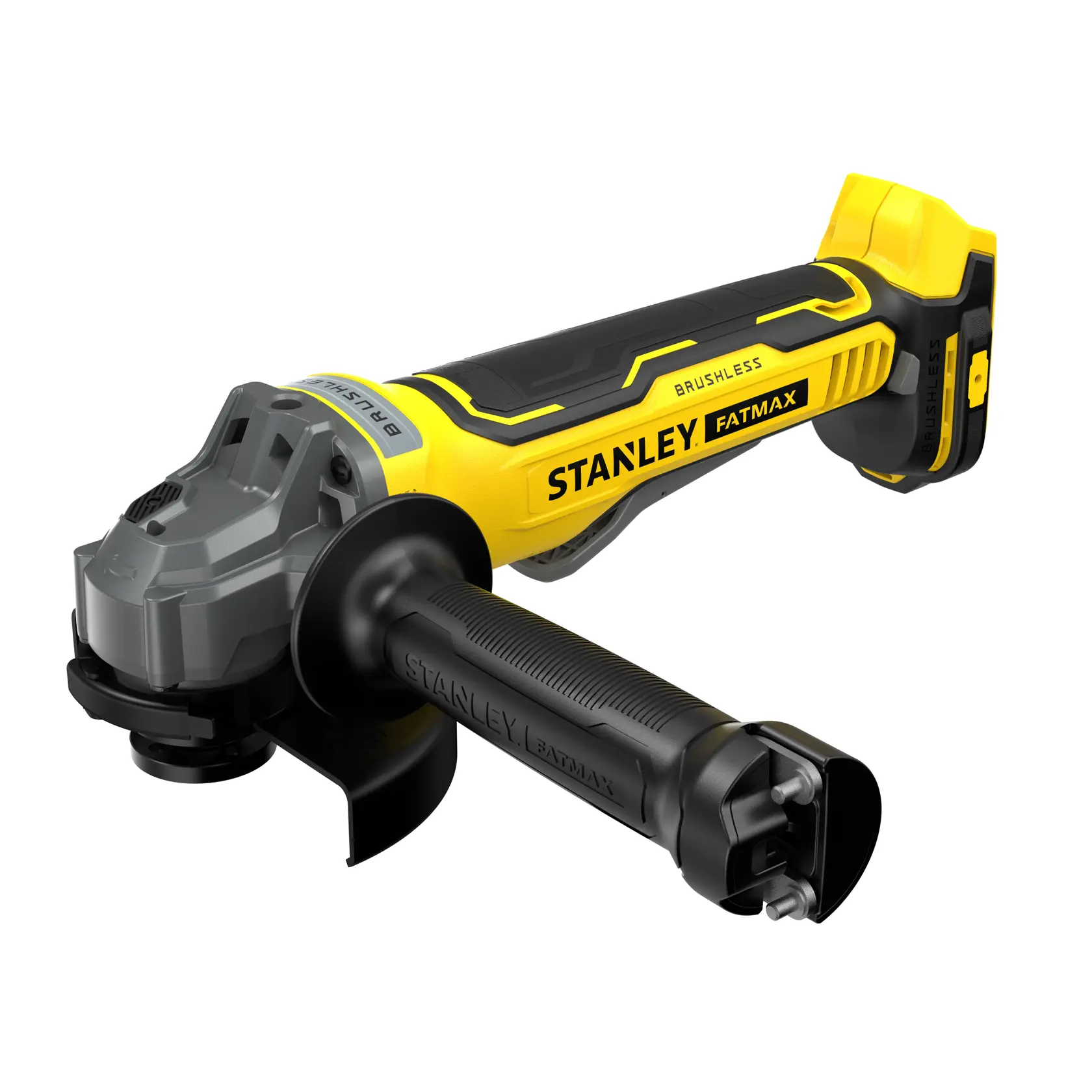 STANLEY SFMCG700B cordless angle grinder, yellow and black, Fatmax series, front left angle on white background.