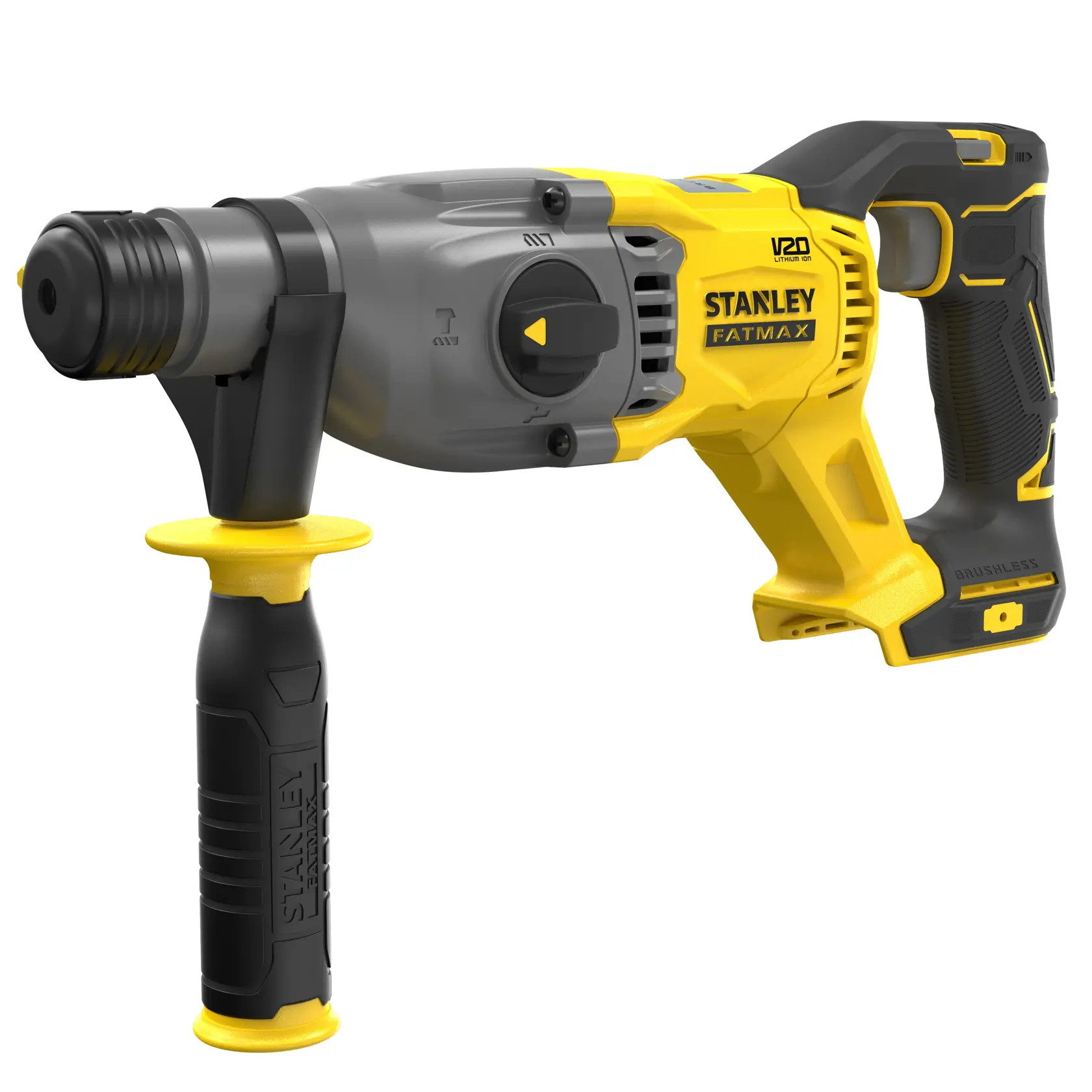 STANLEY SFMCH900B rotary hammer drill, yellow and black, side angle, brushless, auxiliary handle.