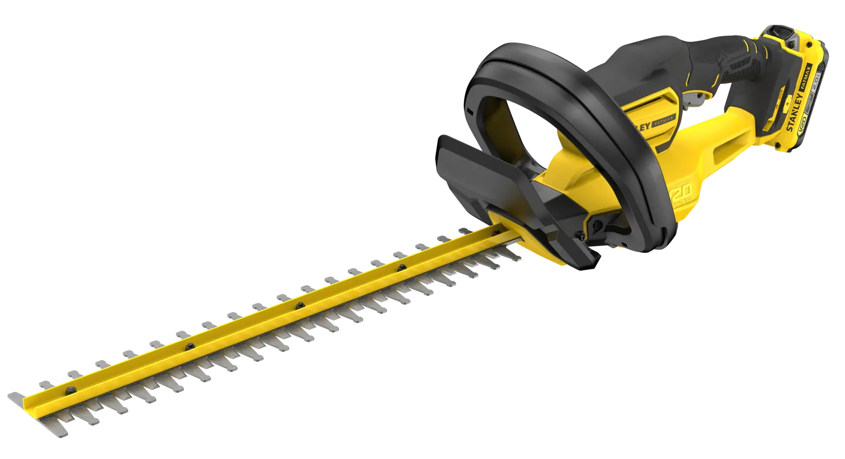 STANLEY SFMCHT650D1 cordless hedge trimmer, yellow and black, side angle, white background.
