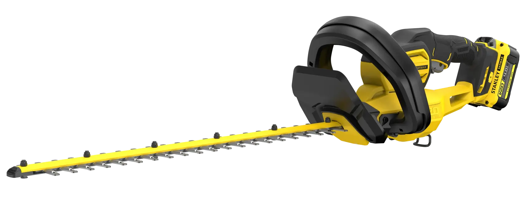 Photo of STANLEY SFMCHT655M1 cordless hedge trimmer, yellow and black, side angle on white background.