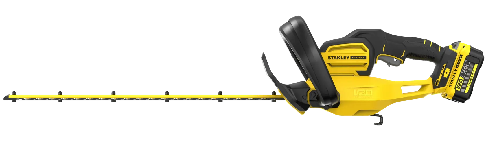 STANLEY SFMCHT655M1 cordless hedge trimmer, yellow and black, side view on white background.