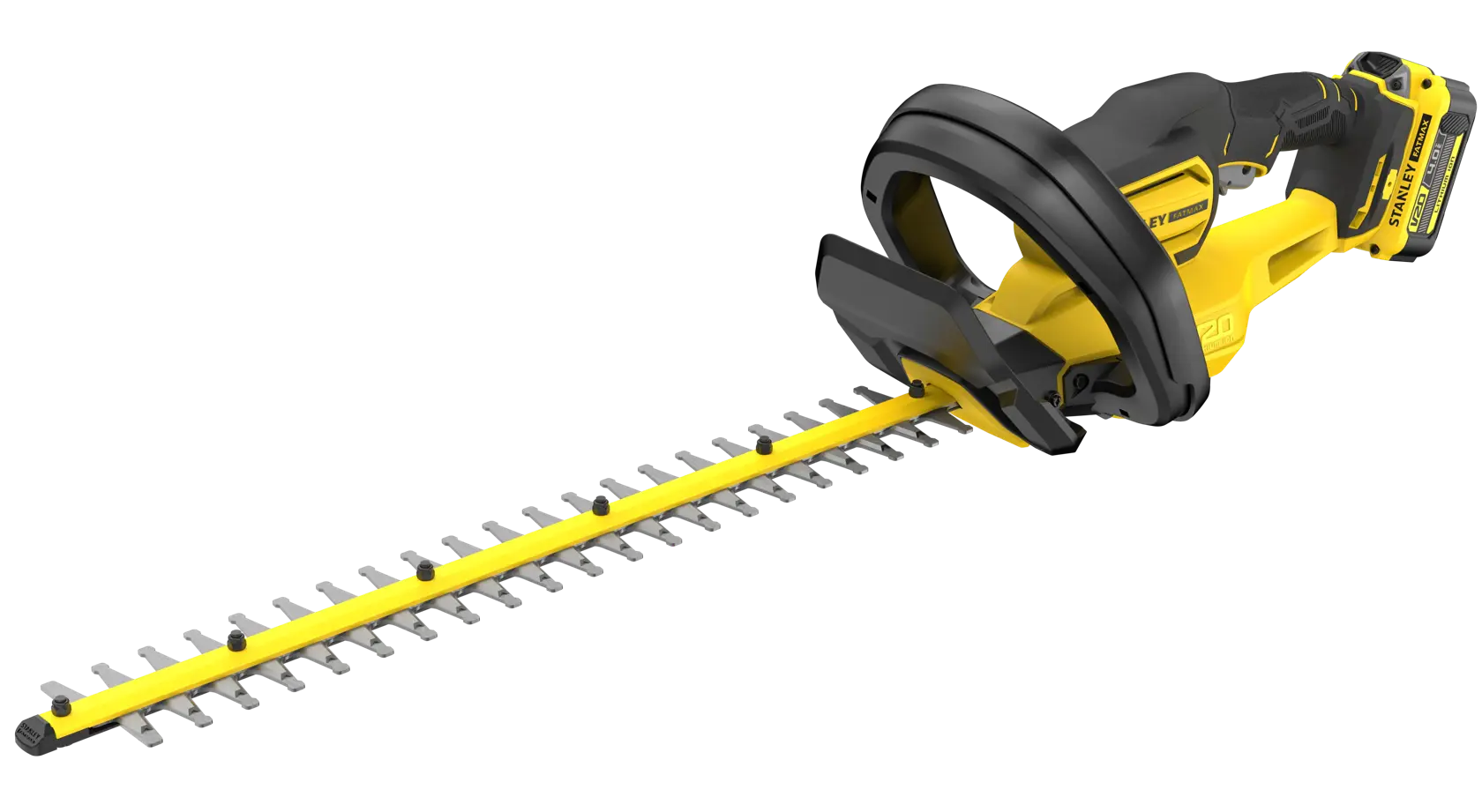 STANLEY SFMCHT655M1 cordless hedge trimmer, yellow and black, side angle with visible blade and handle.