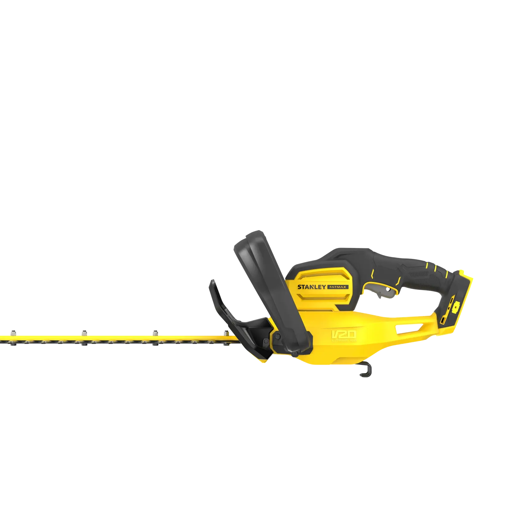 STANLEY SFMCHT855B yellow and black cordless hedge trimmer side view on white background.