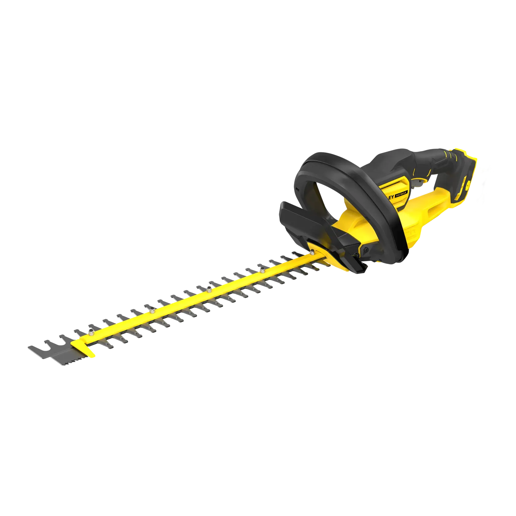 Photo of STANLEY SFMCHT855B hedge trimmer, yellow and black, angled on white background.