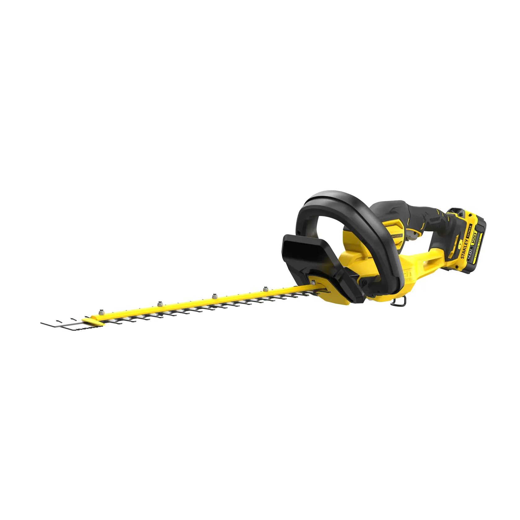 Photo of STANLEY SFMCHT855M1 cordless hedge trimmer, yellow and black, side angle on white background.