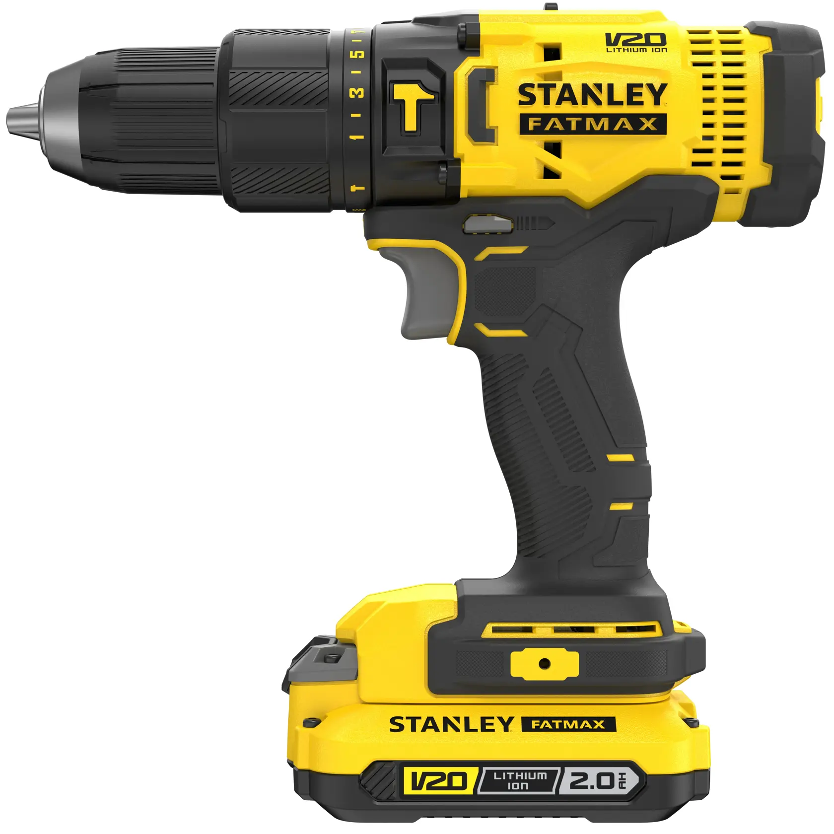 STANLEY SFMCK465D2S cordless drill driver, yellow and black, side angle on white background.