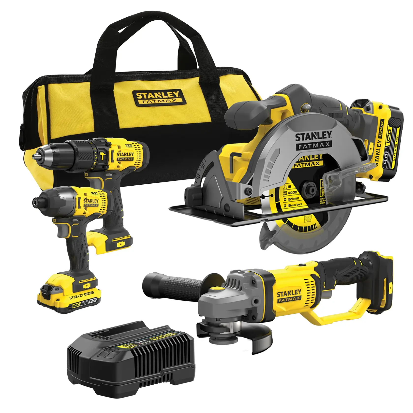 Stanley Fatmax cordless power tool kit with drill, saw, grinder, charger, and carry bag.