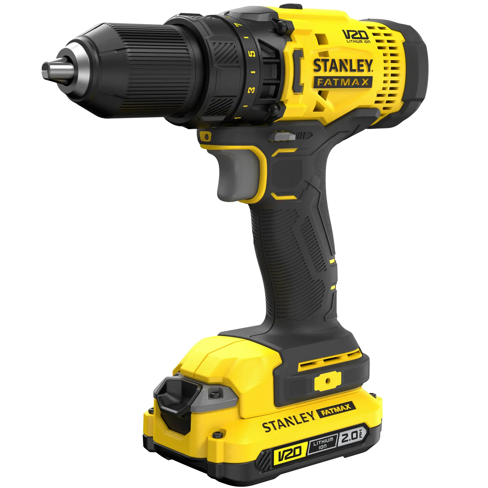 Stanley Fatmax tool kit with drill, impact driver, circular saw, battery, charger, and yellow carrying bag.