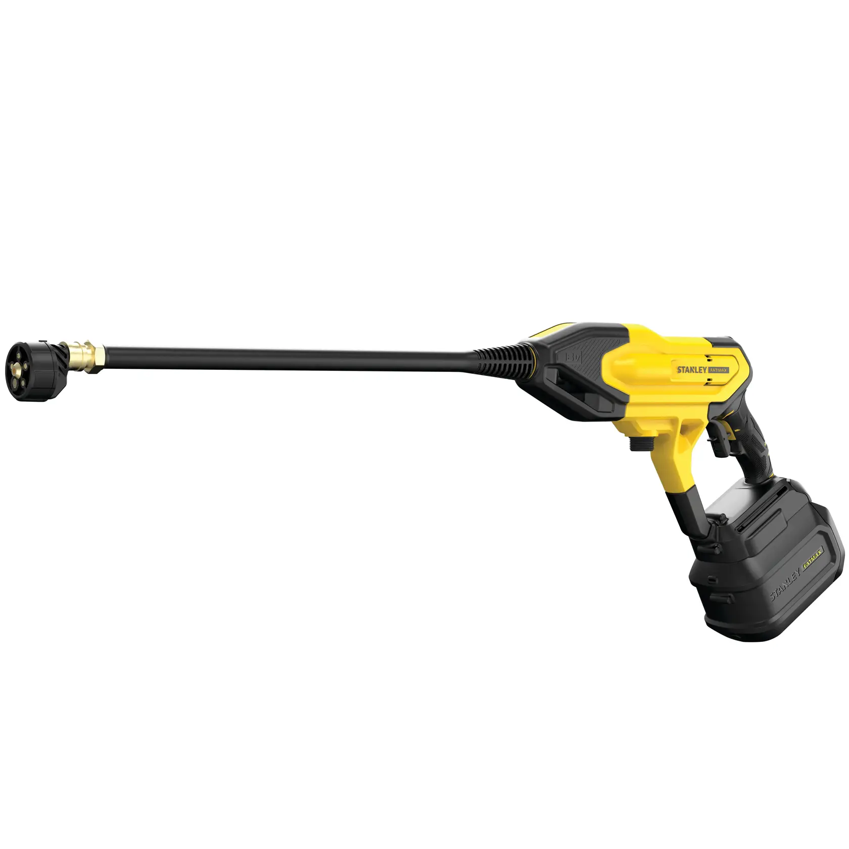 Stanley cordless power washer with yellow and black design and long nozzle.