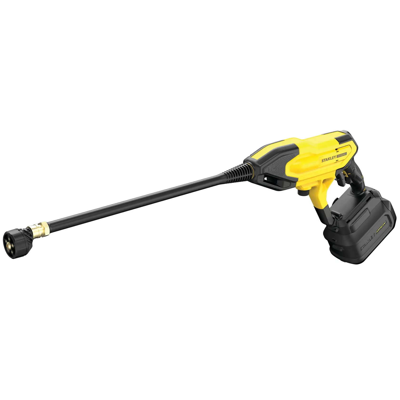 Yellow and black cordless pressure washer with long nozzle attachment, designed for portable outdoor cleaning tasks.