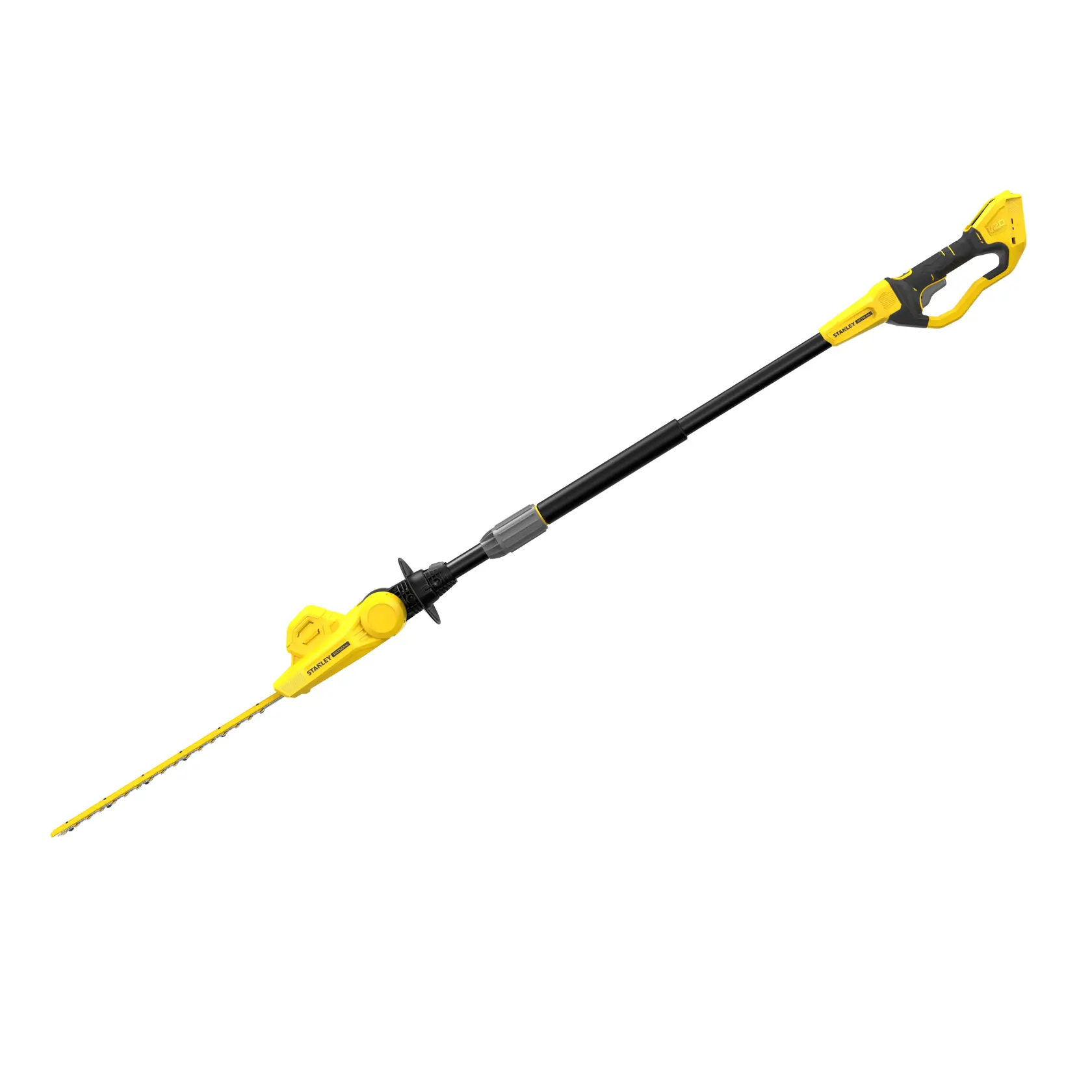 STANLEY SFMCPH845B cordless pole hedge trimmer, black and yellow, side view on white background.