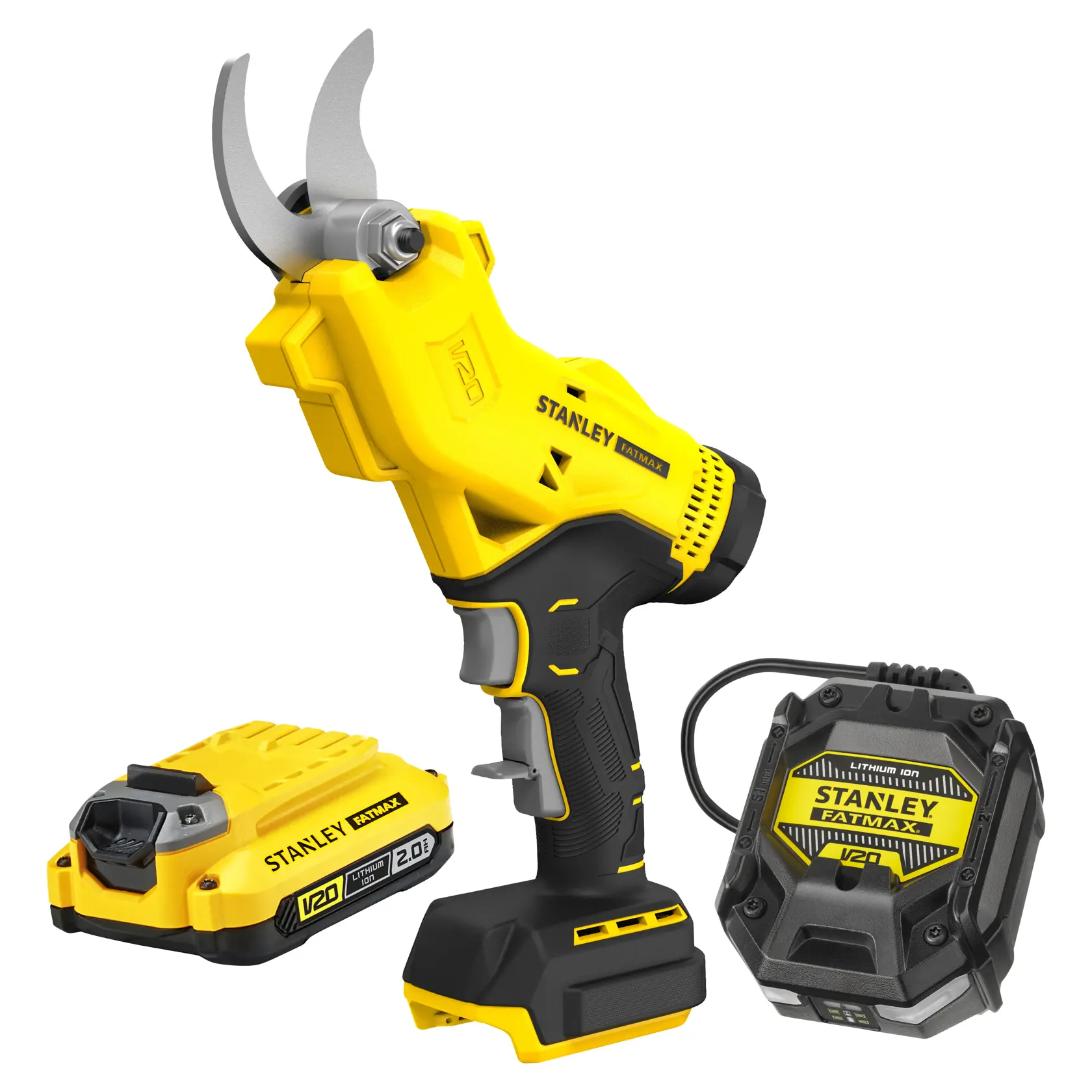 Photo of STANLEY SFMCPP32D1 cordless pruning shear with yellow and black design, battery and charger, front angle.