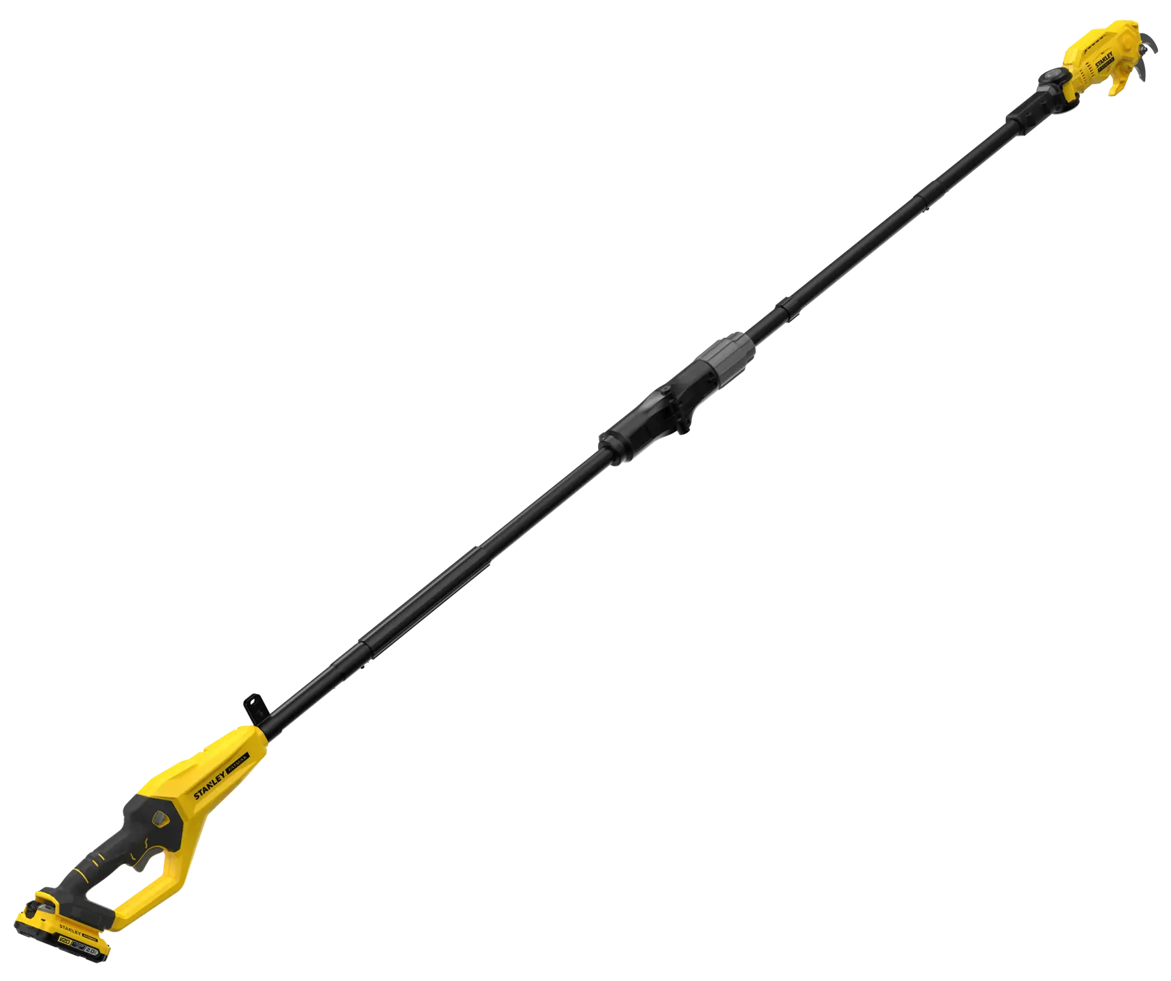 STANLEY SFMCPP632D1 yellow and black cordless pole pruner, side angle on white background.