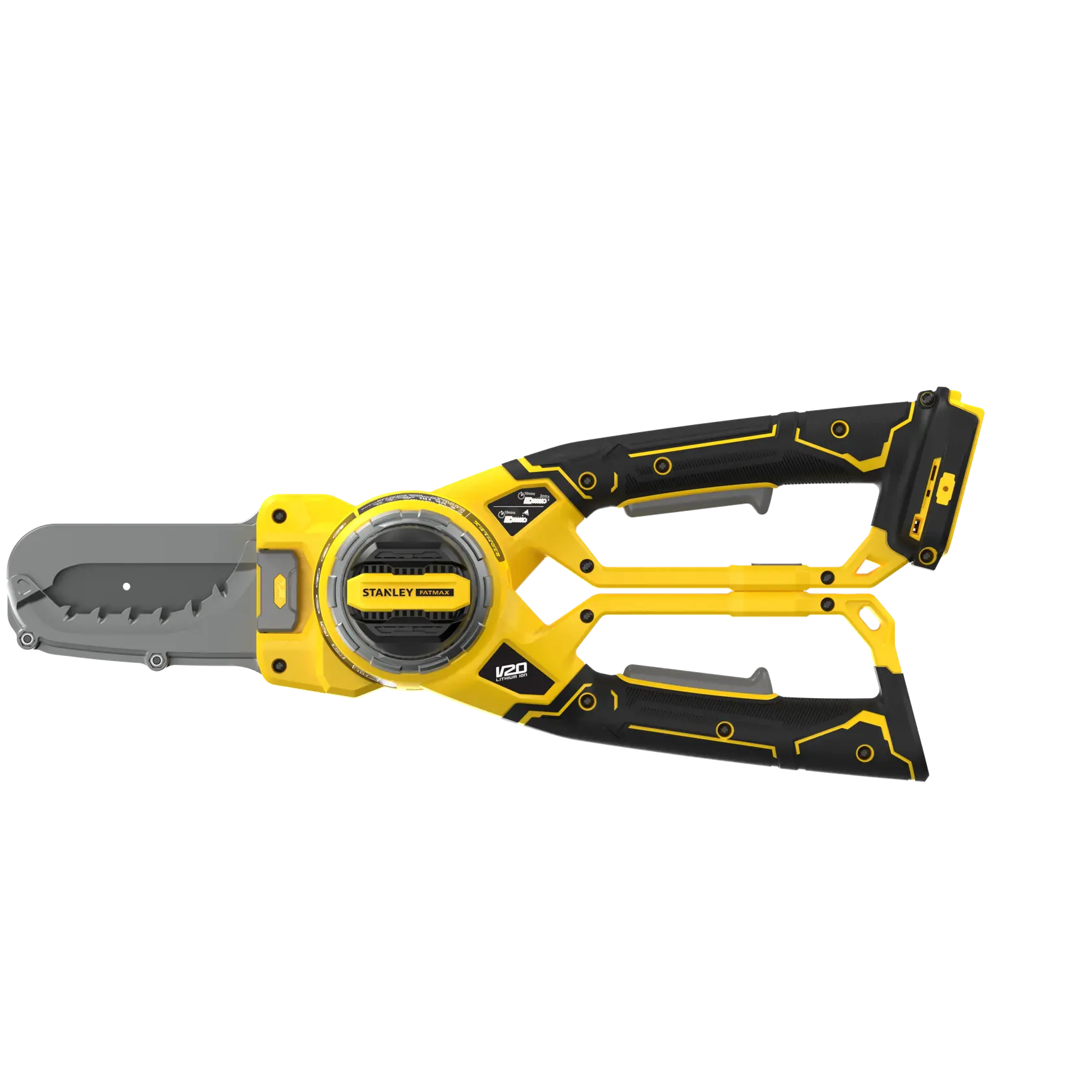 STANLEY SFMCPS515B cordless yellow and black compact chainsaw, side angle on white background.