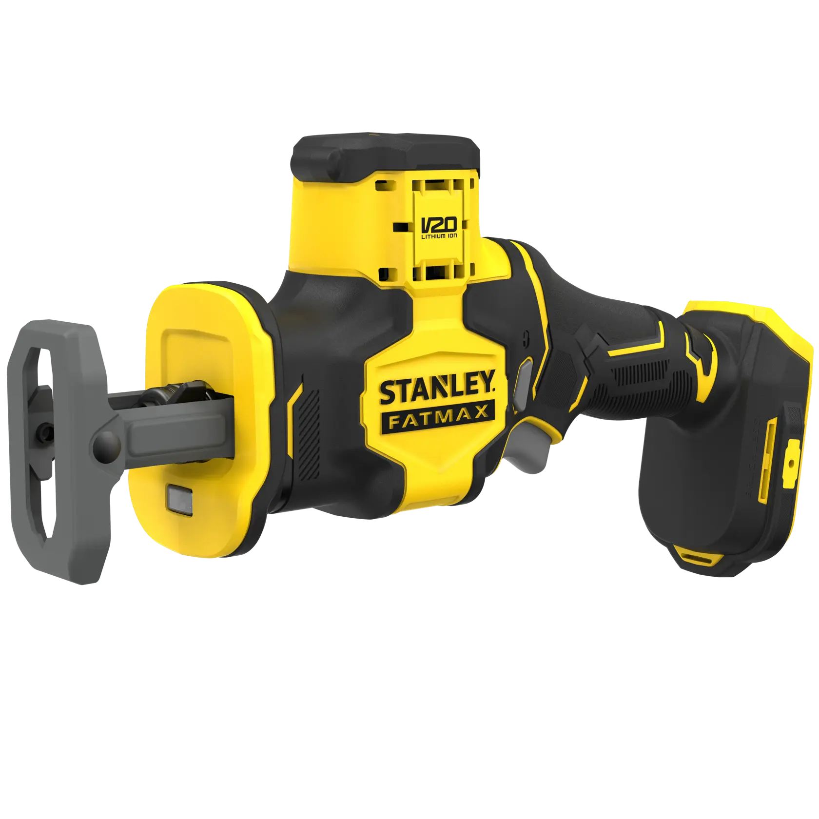 STANLEY SFMCS305B reciprocating saw, Fatmax series, yellow and black, side angle on white background.