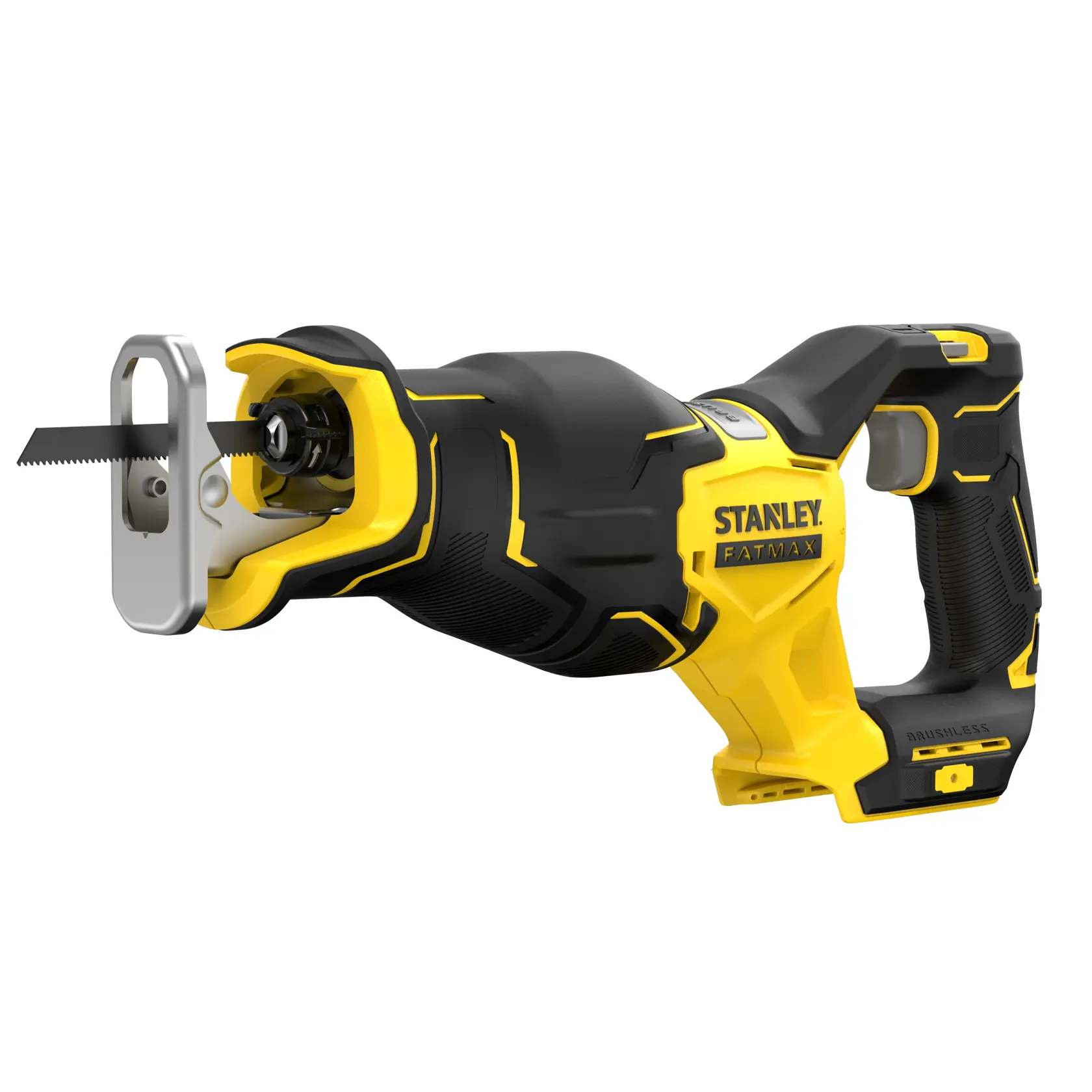 Photo of STANLEY SFMCS310B reciprocating saw, yellow and black, side angle on white background.
