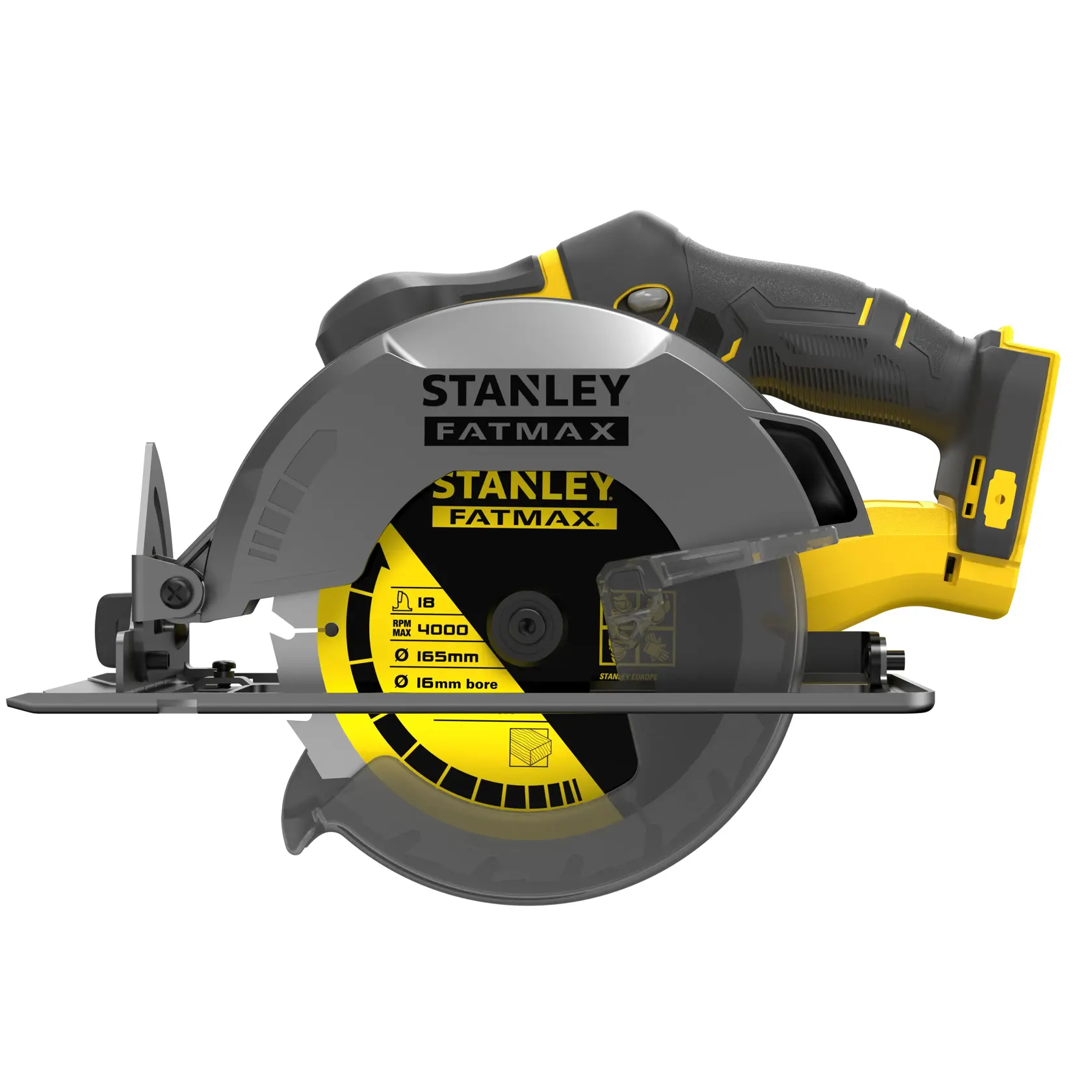 Photo of STANLEY SFMCS500B circular saw, side view, black and yellow, with exposed blade and ergonomic handle.