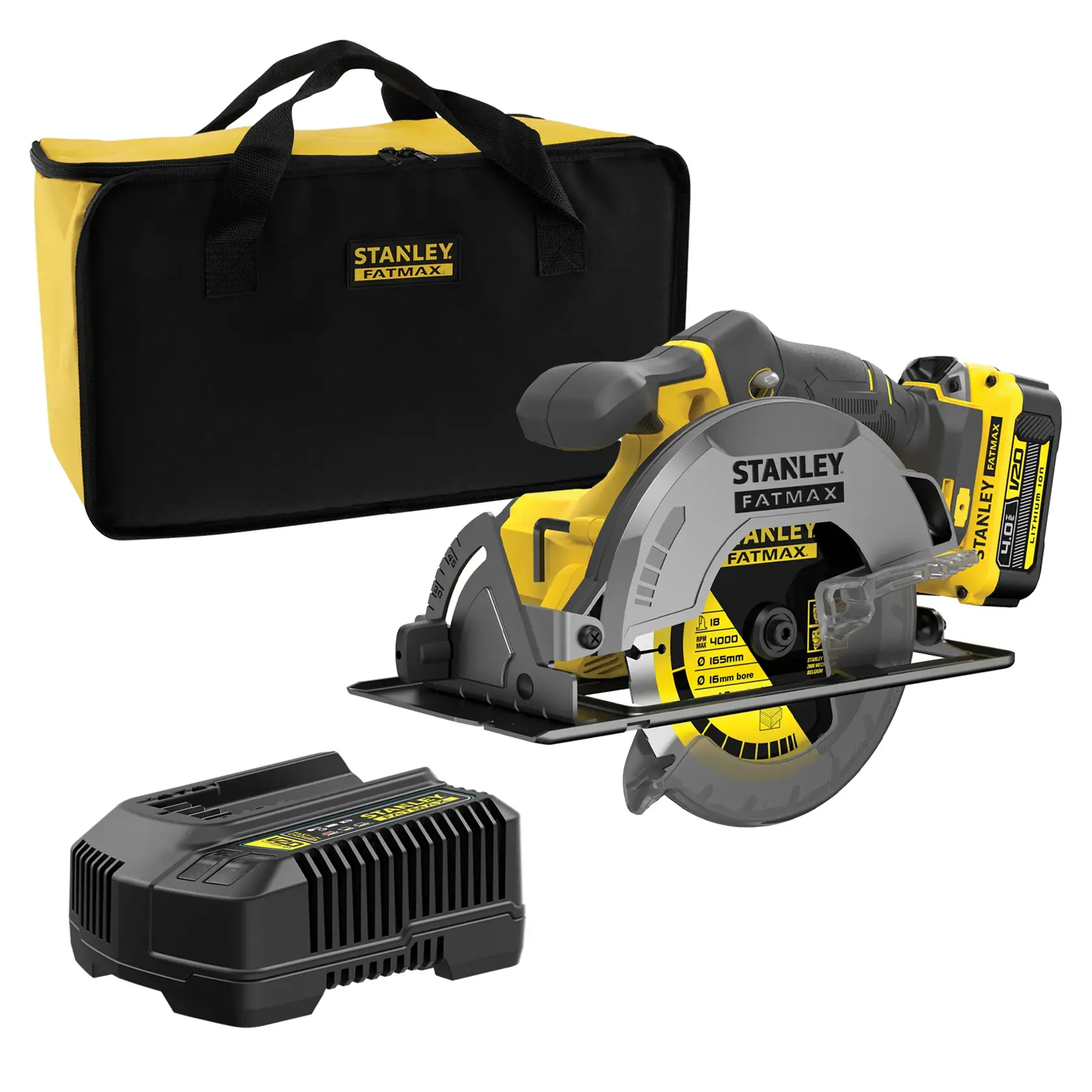 Stanley SFMCS500M1S FATMAX cordless circular saw kit with battery, charger, and yellow-black bag, front angle.