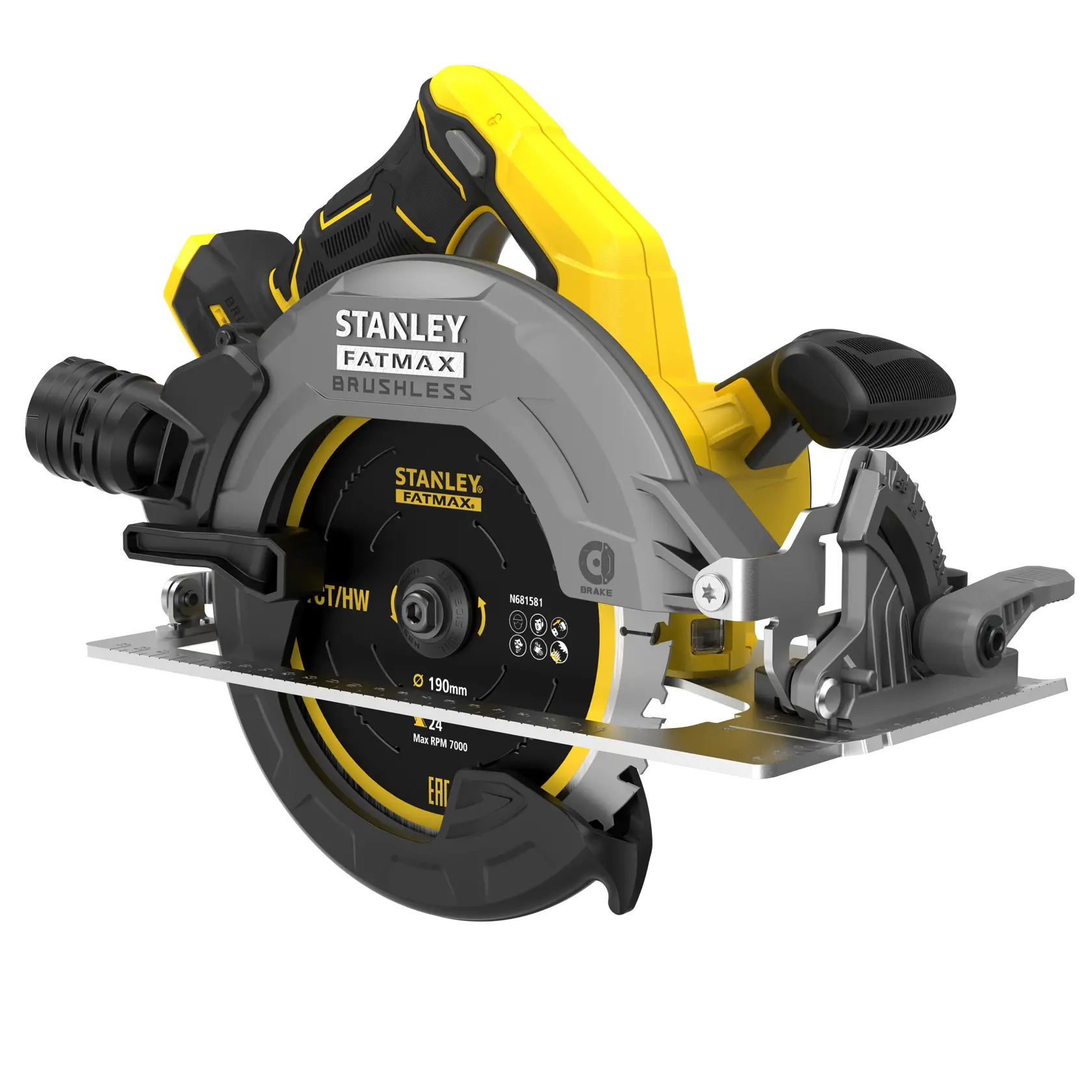 STANLEY SFMCS550B cordless circular saw, side angle, yellow and black, brushless, FATMAX series.