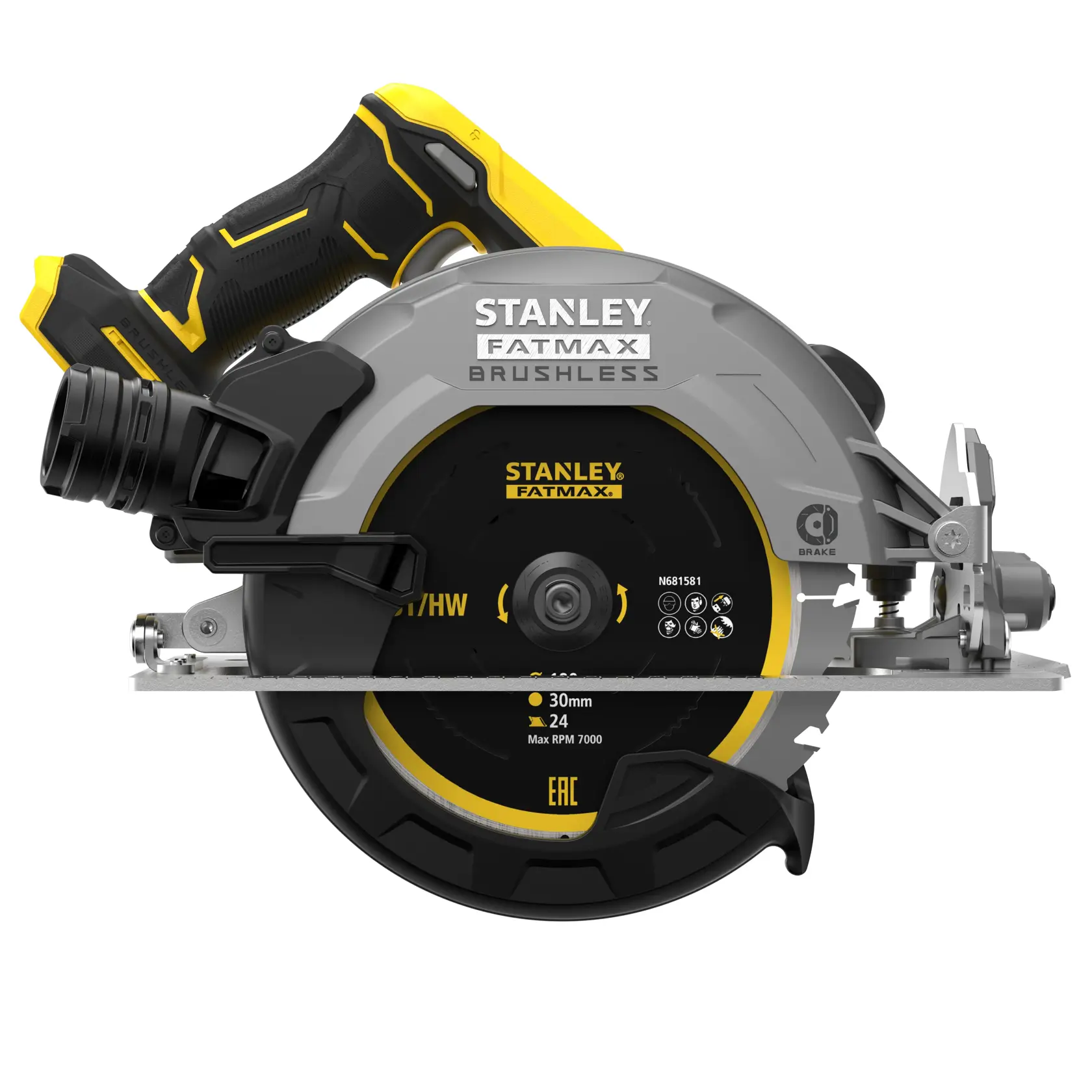 Photo of STANLEY SFMCS550B circular saw, black and yellow, FatMax Brushless, side view on white background.