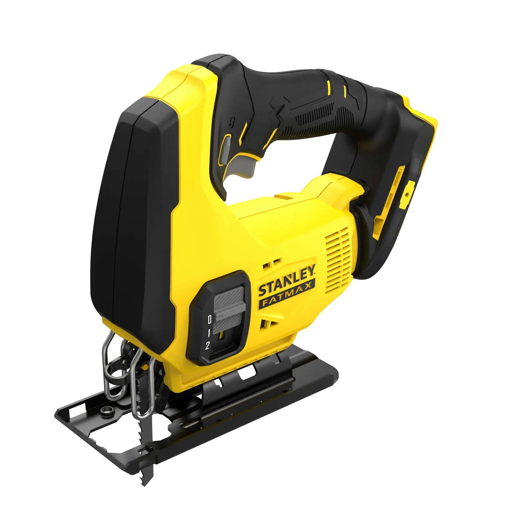 STANLEY SFMCS600B cordless jigsaw, yellow and black, side angle on white background.