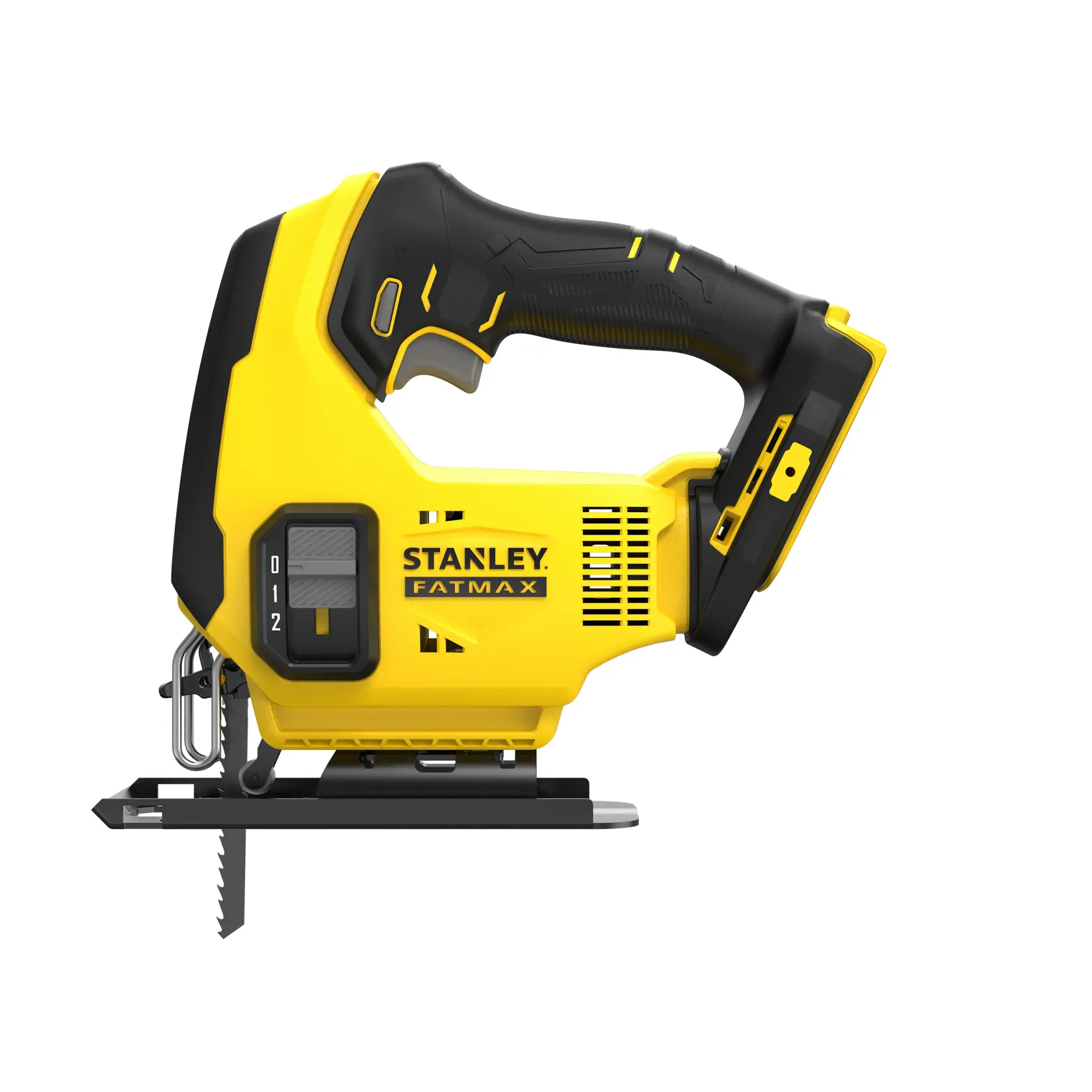 Photo of STANLEY SFMCS600B cordless jigsaw, yellow and black, side view on white background.