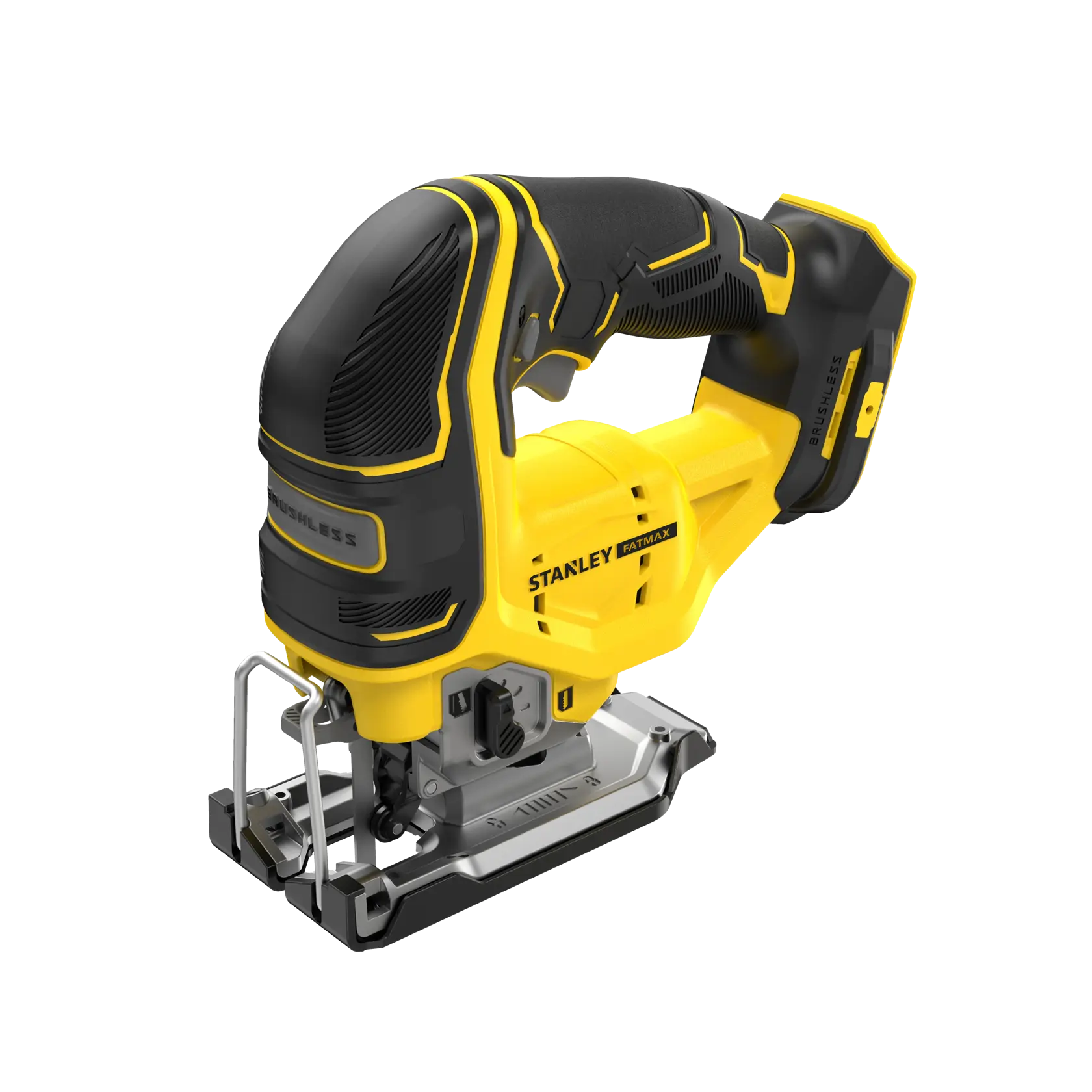 Yellow and black cordless jigsaw tool with ergonomic handle, STANLEY branding, and metal base.