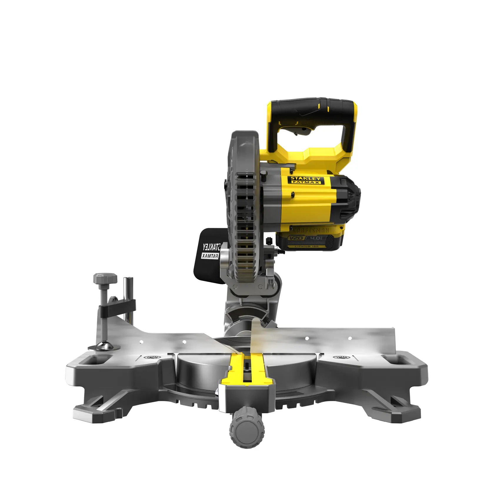 STANLEY SFMCS701M2 miter saw, yellow and black, front angle on white background.