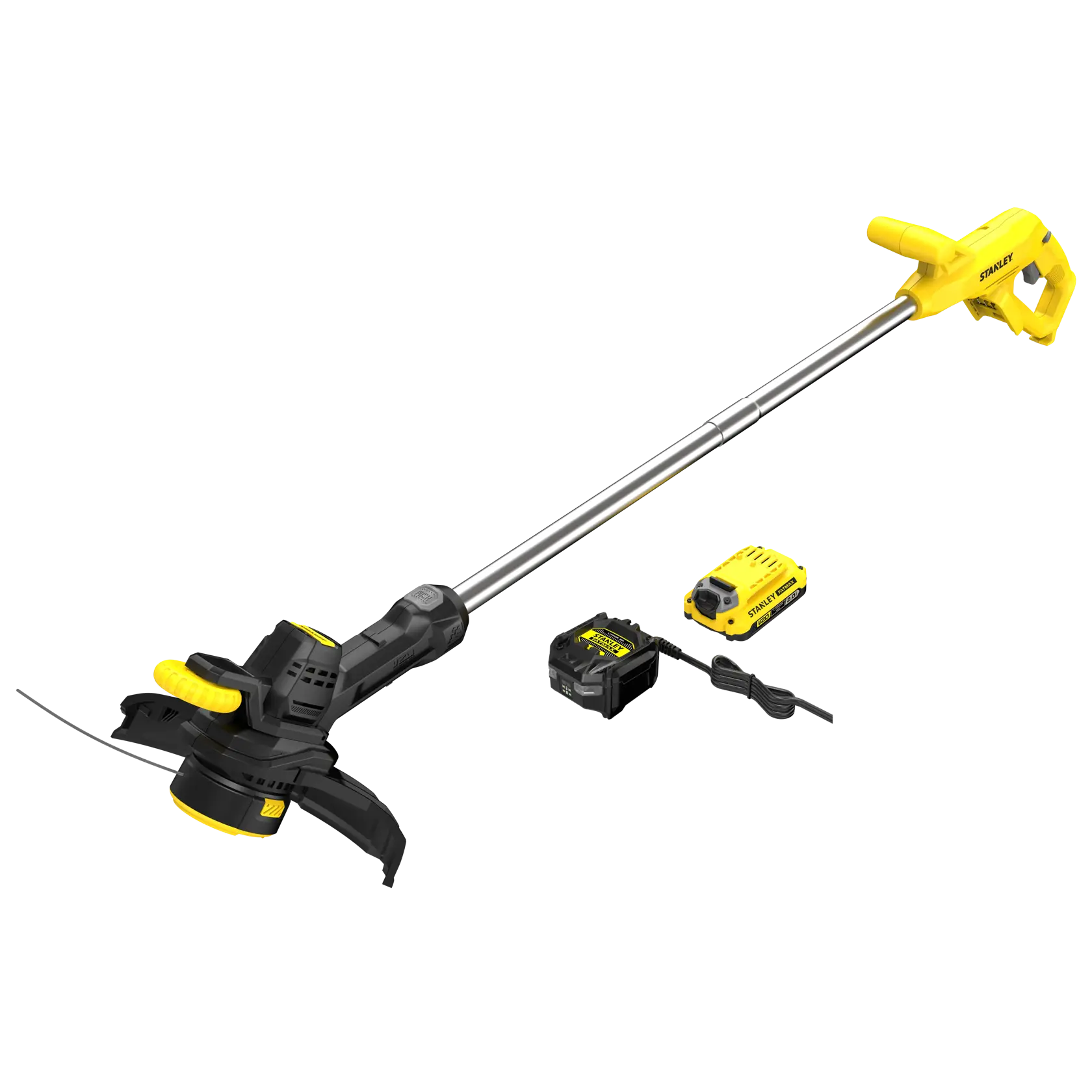 STANLEY SFMCST925M1 string trimmer kit with battery and charger, yellow and black, side angle on white background.