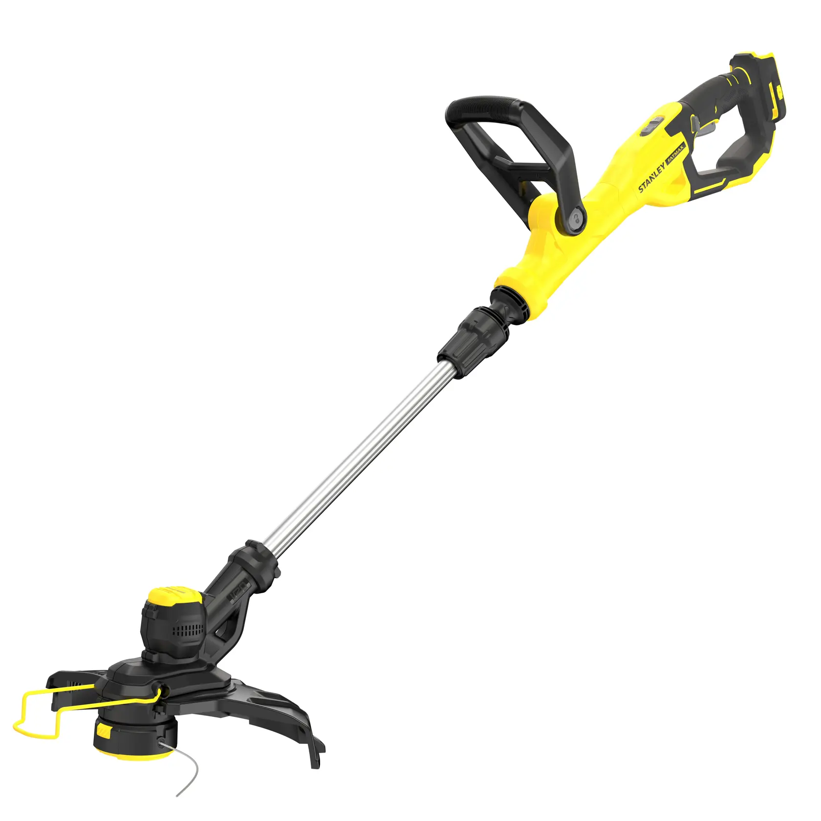 Stanley cordless grass trimmer with yellow and black design, adjustable handle and metal shaft.