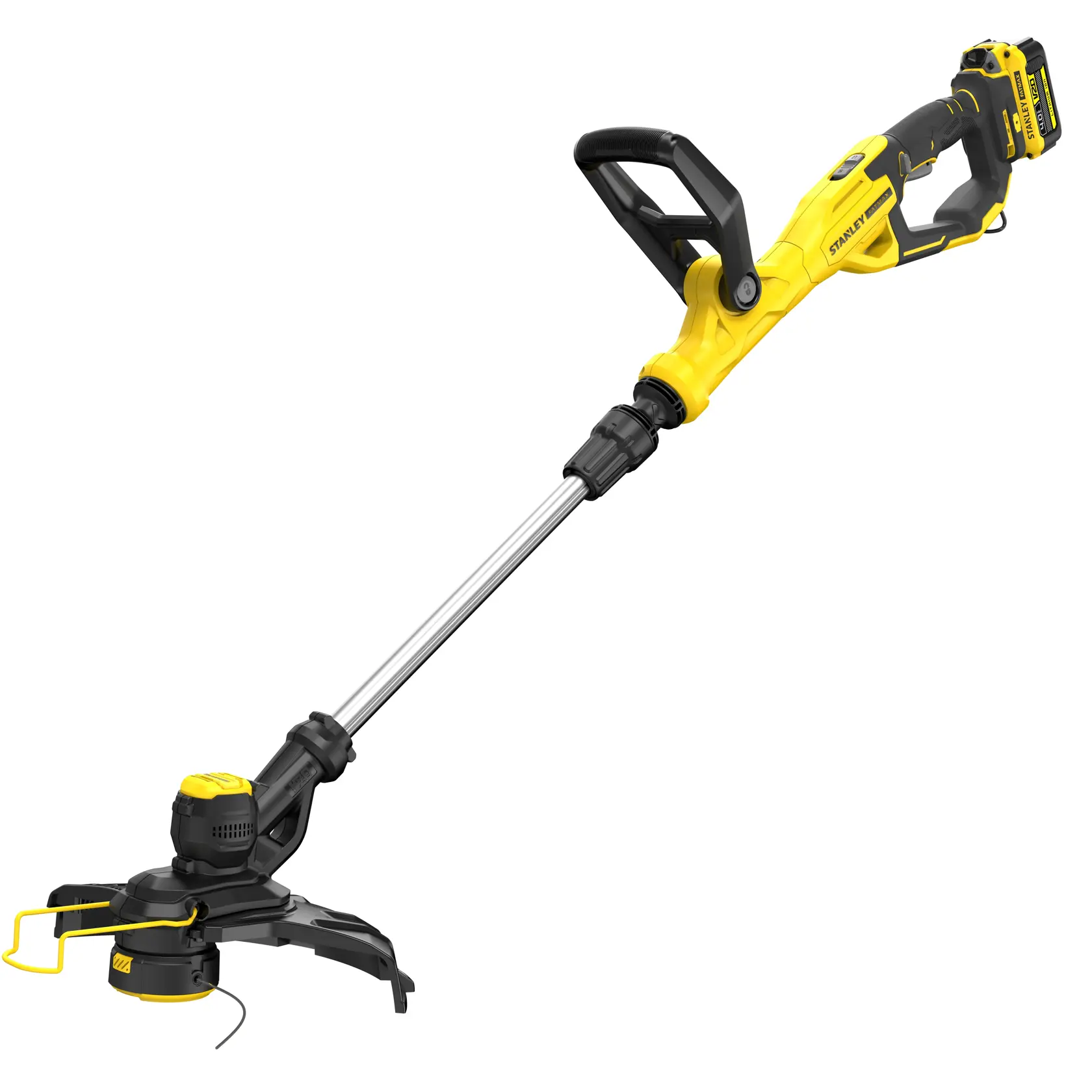STANLEY SFMCST933M1 yellow and black cordless string trimmer, side angle on white background