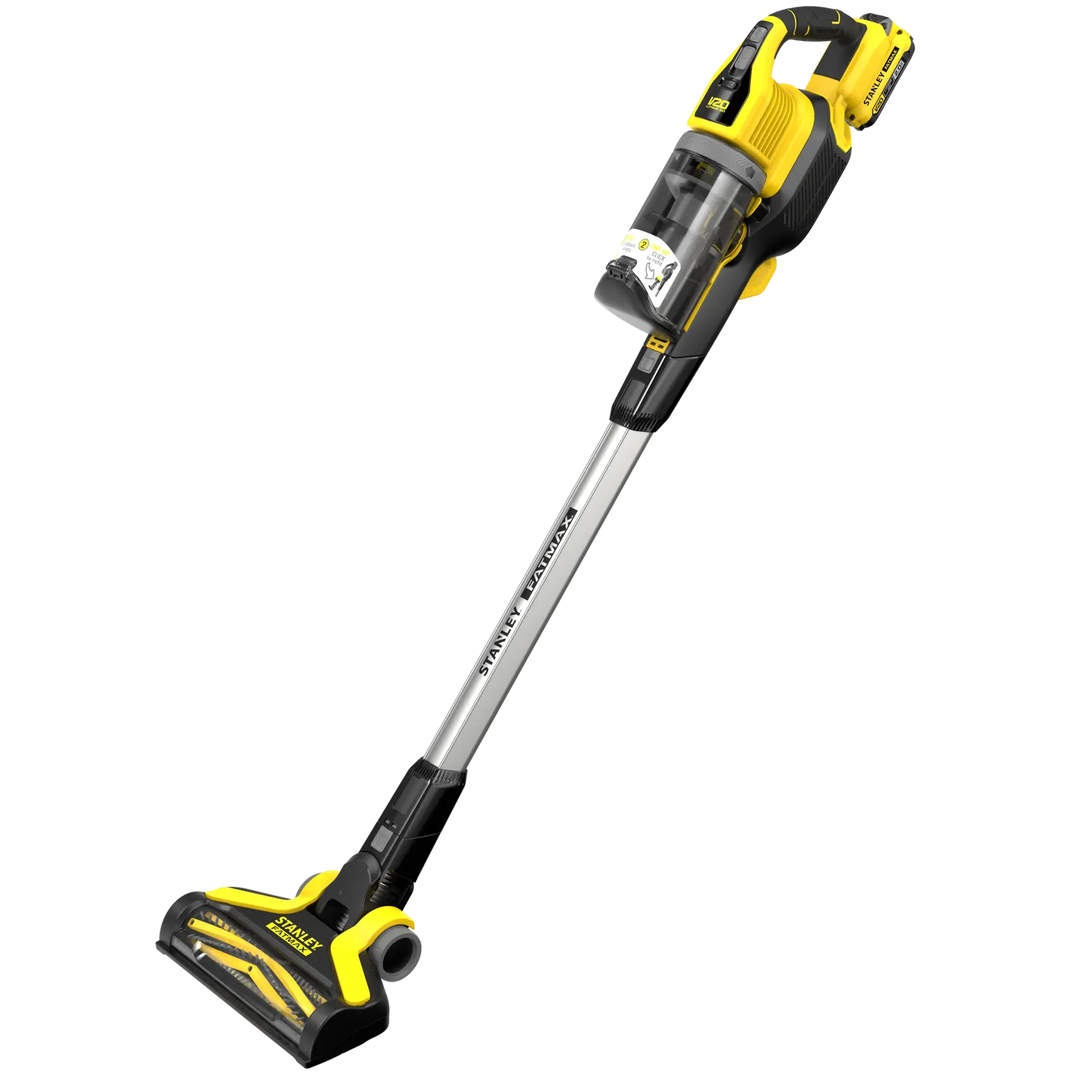 Photo of STANLEY SFMCVS001D1 cordless stick vacuum cleaner, yellow and black, front angle on white background.