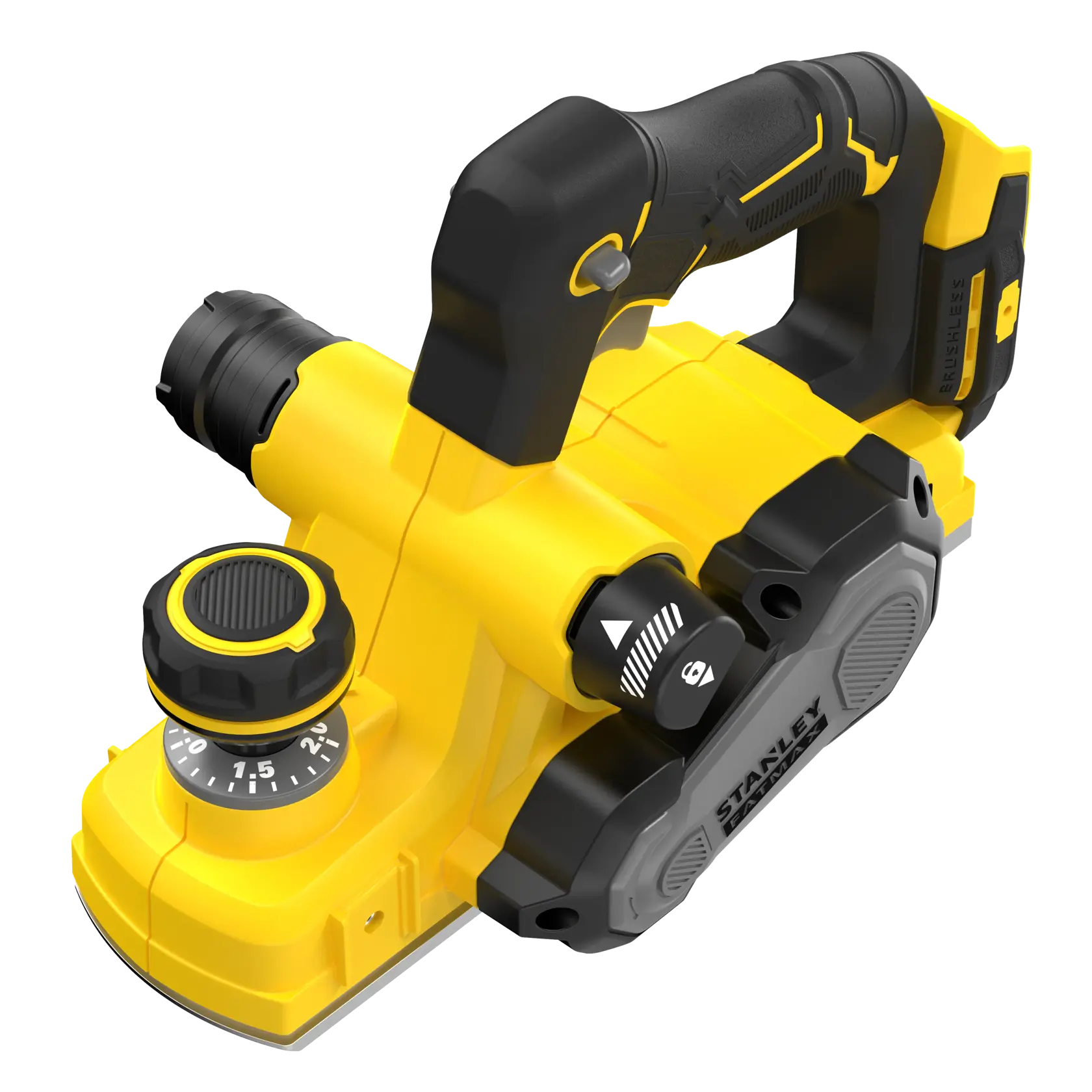 STANLEY SFMCW300B cordless planer with brushless motor, yellow and black, angled top view on white background.