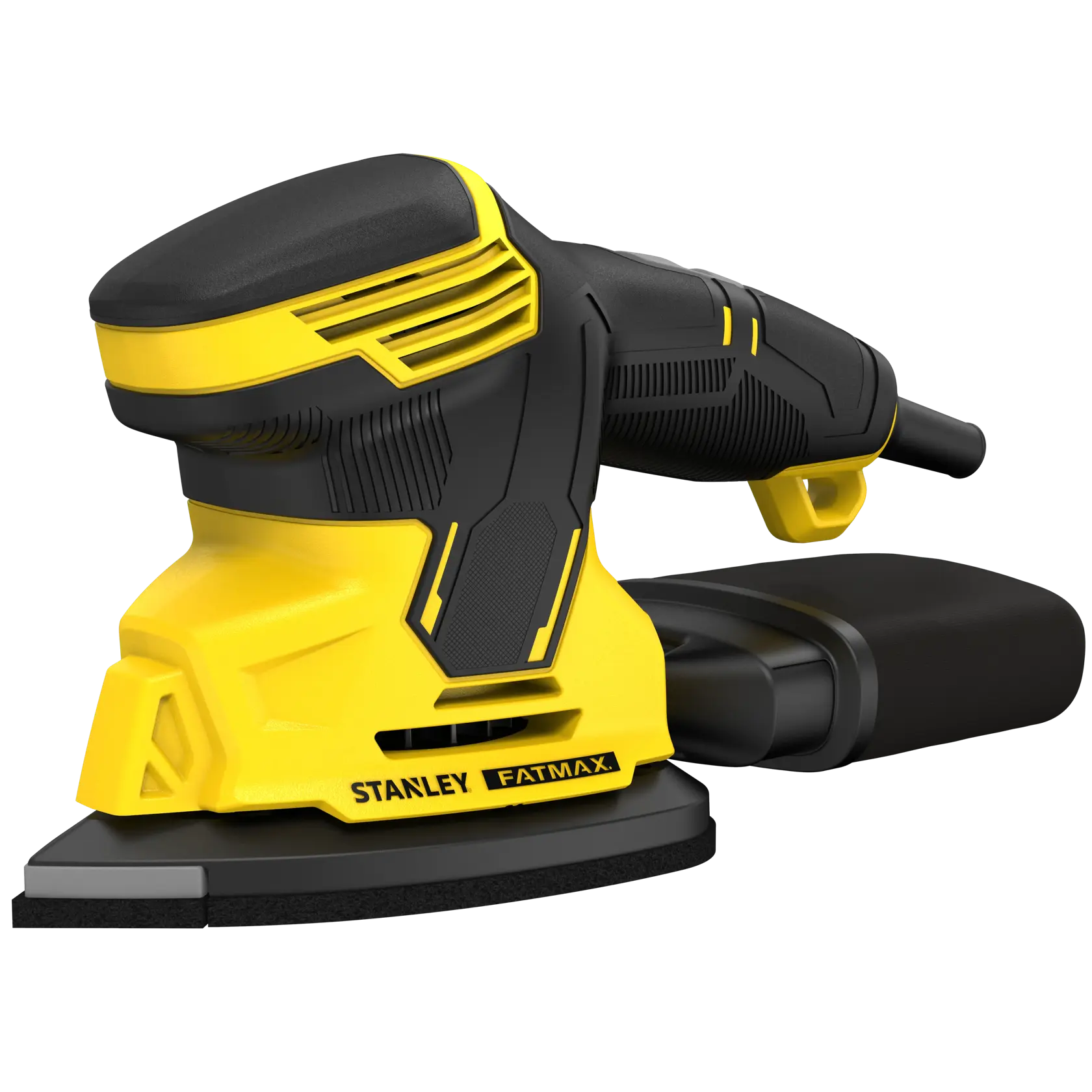 STANLEY SFMEW210S detail sander, yellow and black, shown at front angle on white background.