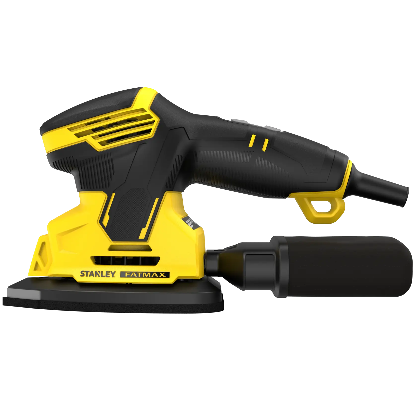 STANLEY SFMEW210S FATMAX electric sander side view, yellow and black, with dust collector attachment.