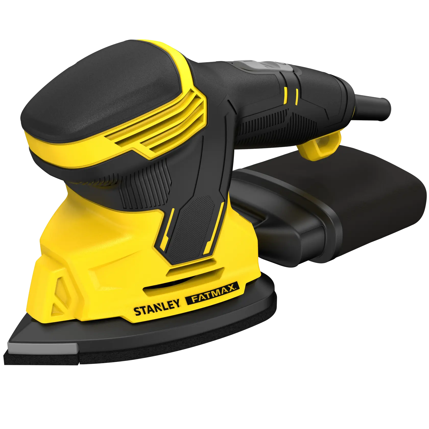 STANLEY SFMEW210S detailed close-up of yellow and black electric detail sander with dust collection box, angled view.