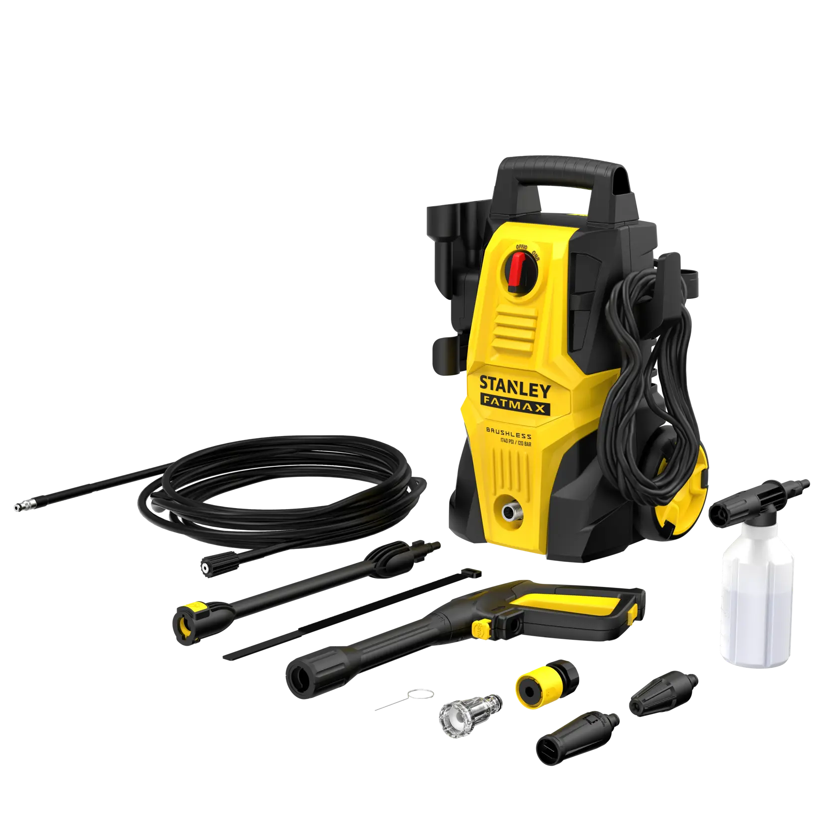 STANLEY SFMPW1740 pressure washer with accessories, front angle, yellow and black design.