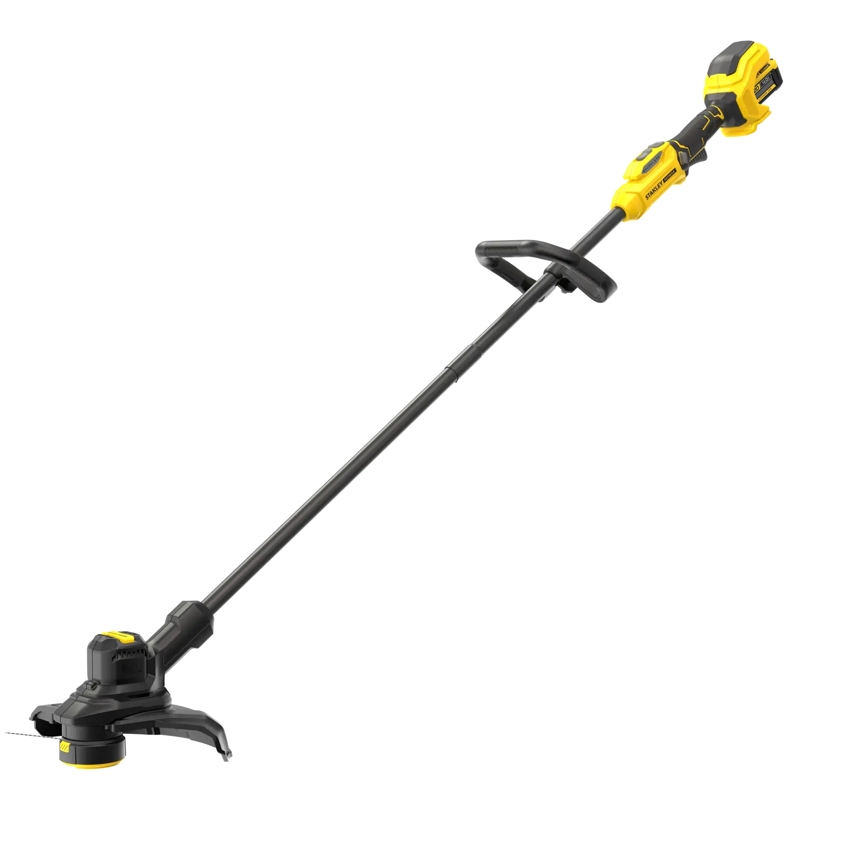 STANLEY SFMSTB930M cordless string trimmer, black and yellow, side angle, lawn care tool on white background.