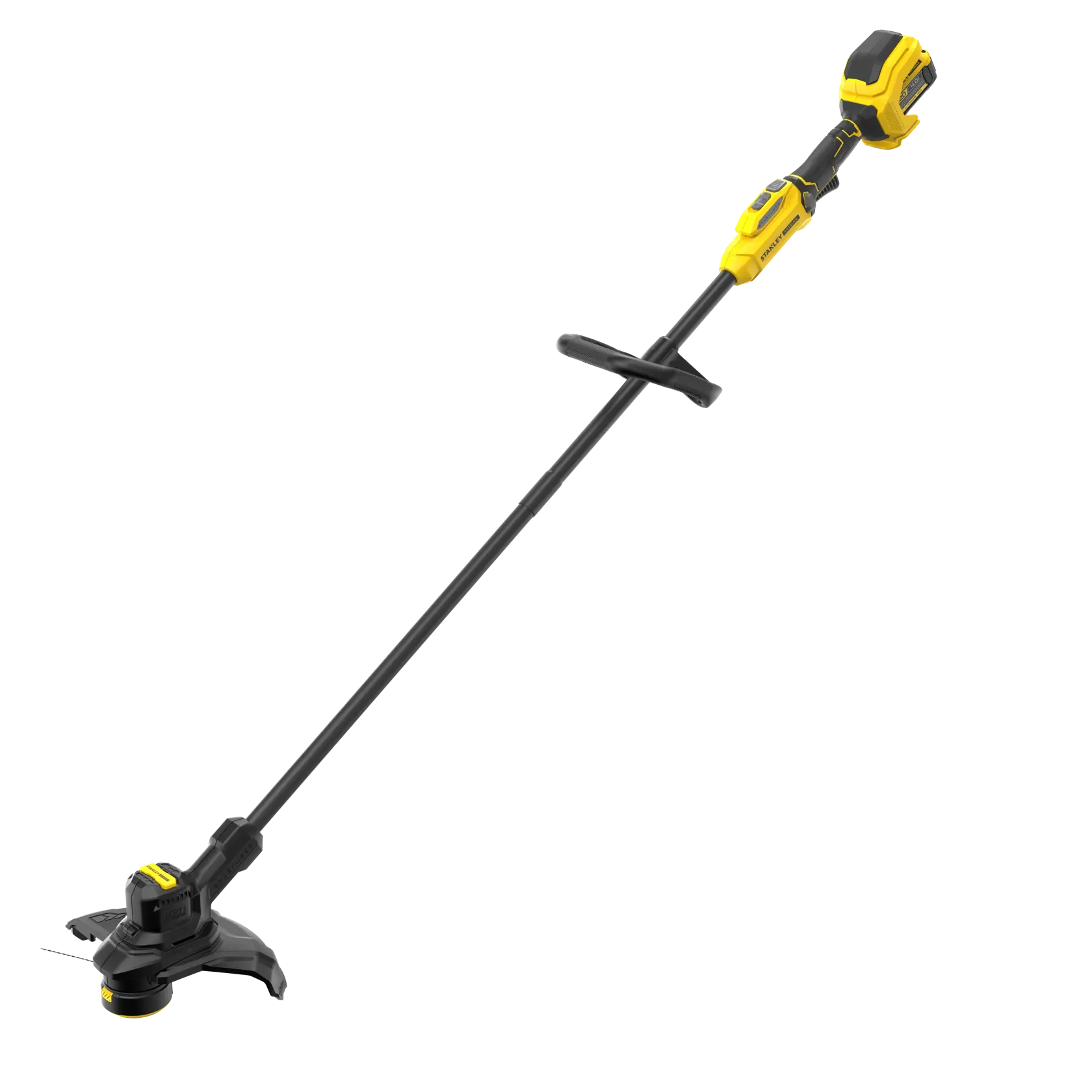 STANLEY SFMSTB930M cordless yellow and black grass trimmer, side angle, on white background.