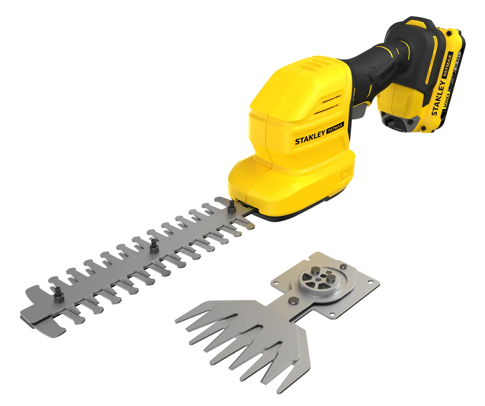 STANLEY STCSS20D1 cordless hedge trimmer with yellow body, black grip, and two metal blade attachments, front angle.