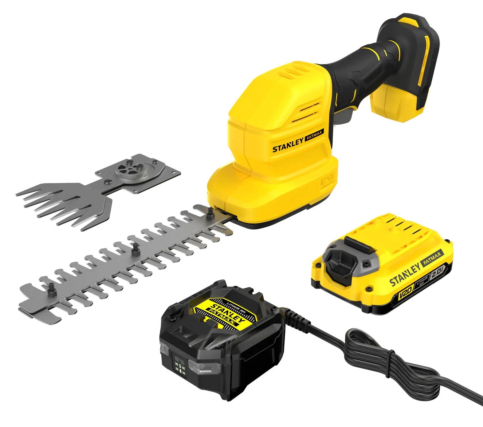 STANLEY STCSS20D1 cordless garden shear kit, yellow-black, side angle, includes battery and charger.