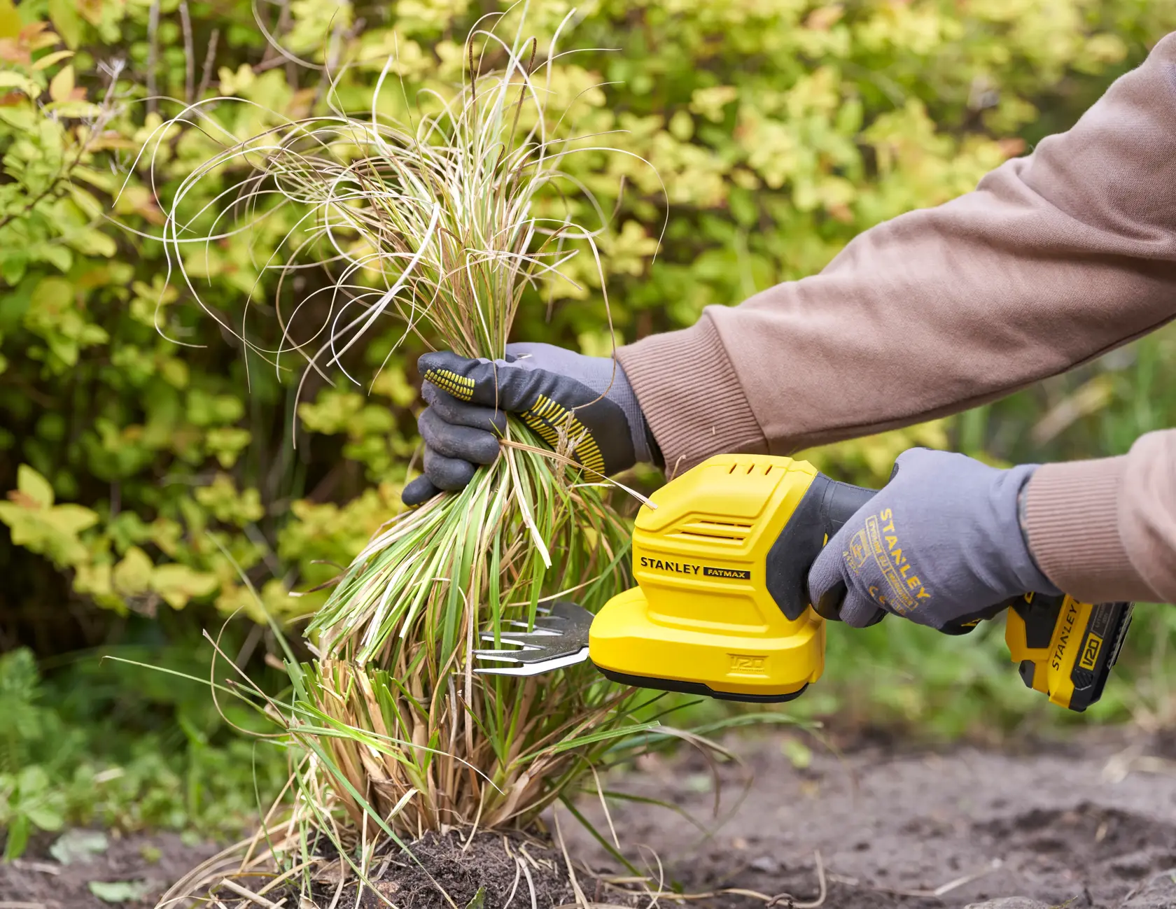 Photo of STANLEY STCSS20D1 grass shear in use, trimming plants in a garden, user wearing gloves.