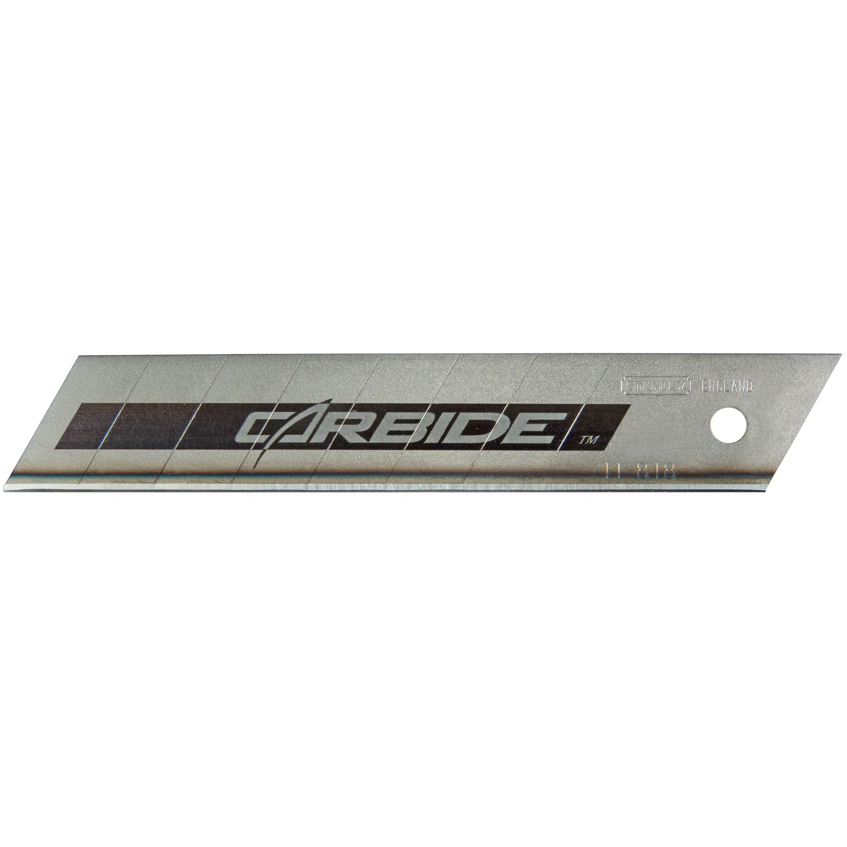 STANLEY STHT0-11818 snap-off carbide utility blade, photography, side view on white background.