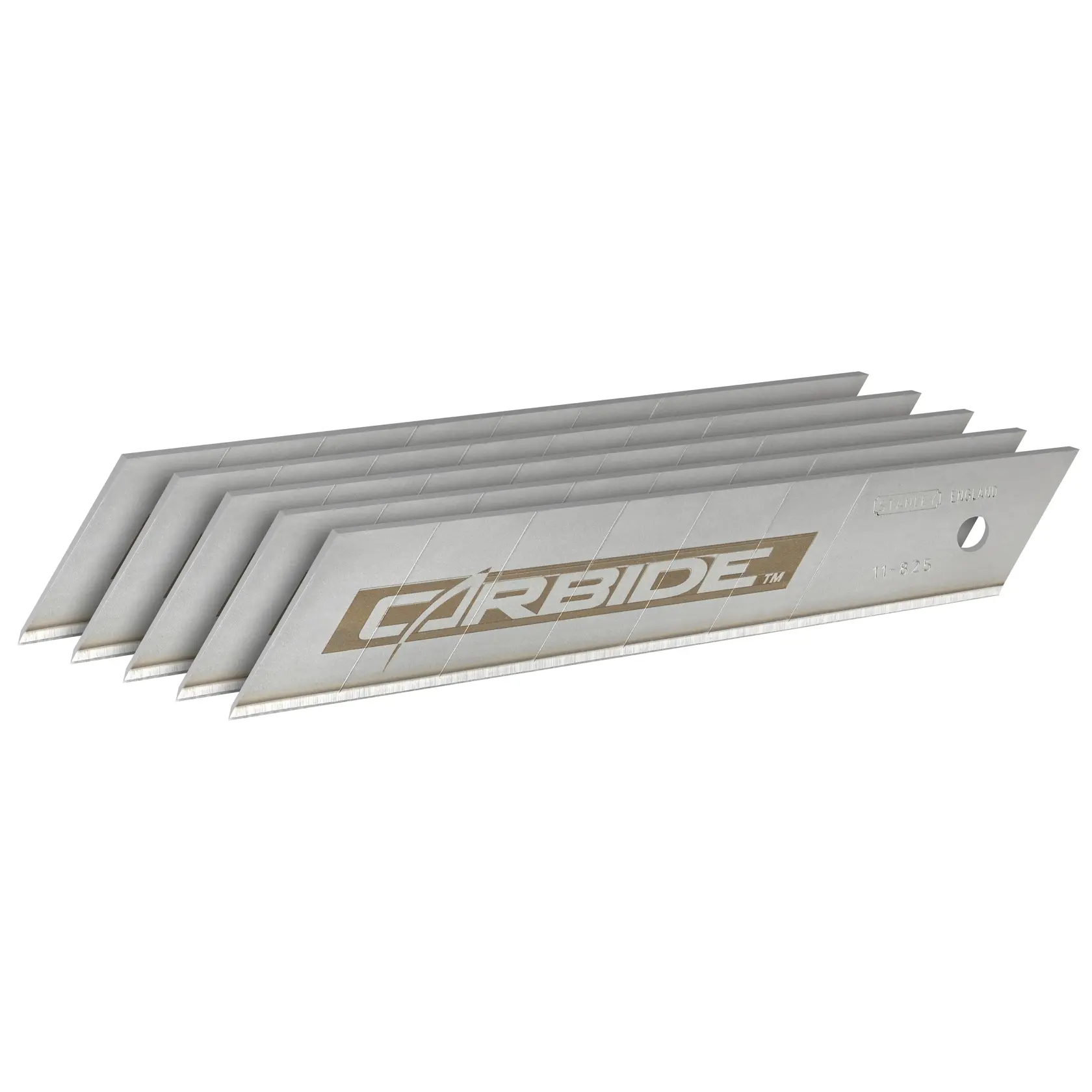 Stack of silver utility knife blades with 'Carbide' branding, shown angled to display their edges.