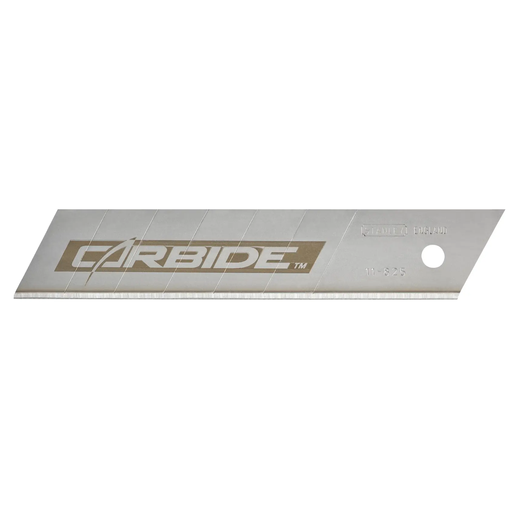 Photo of STANLEY STHT0-11825 snap-off utility knife blade, silver with carbide logo, side view on white background.