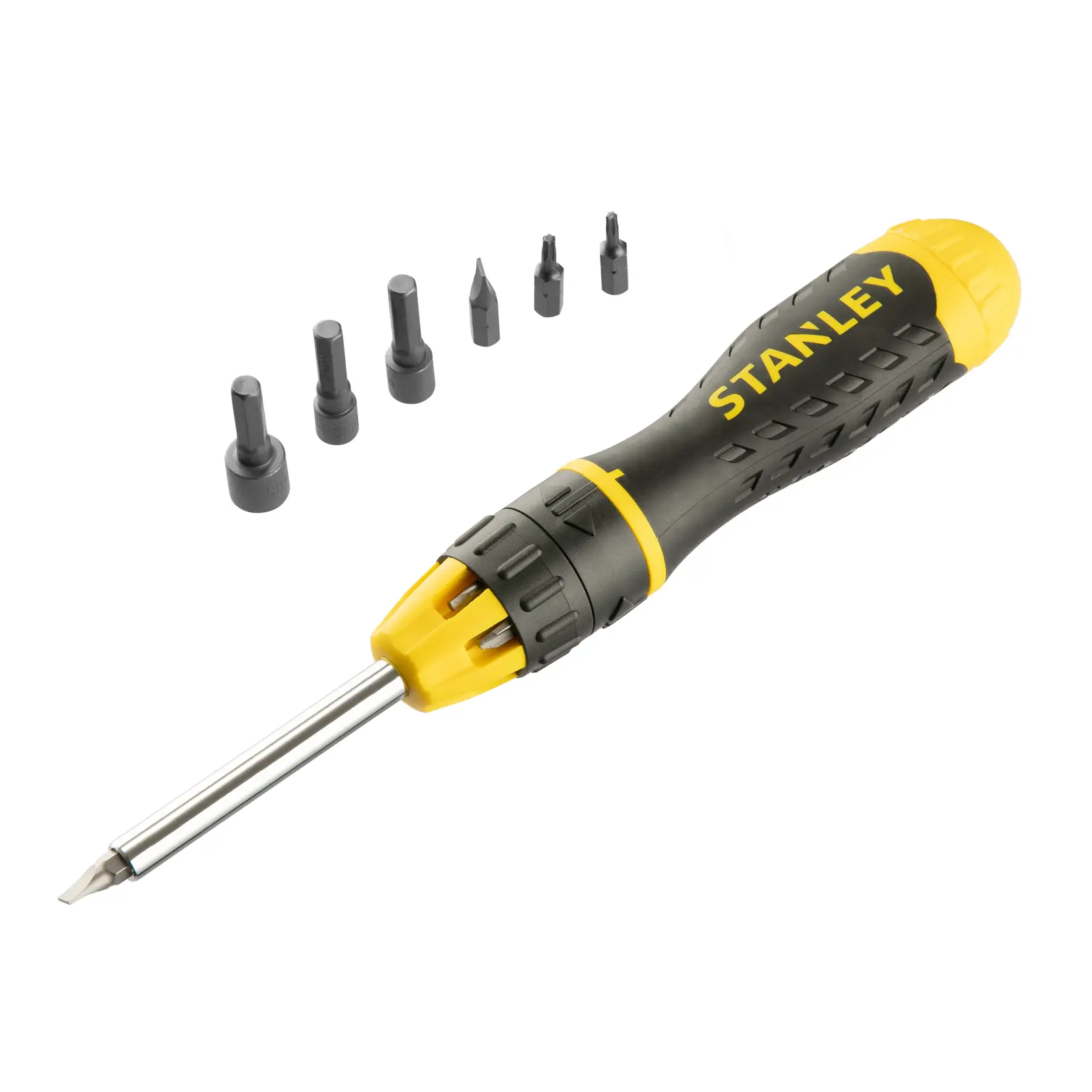 Stanley screwdriver with interchangeable bits, yellow and black handle, six separate bits included.