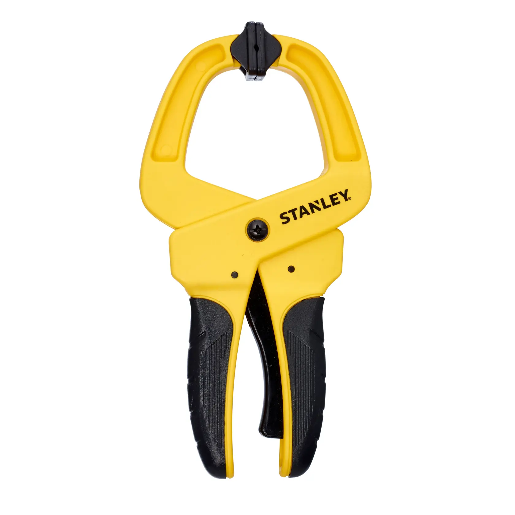Yellow and black Stanley spring clamp tool with ergonomic handles for securing objects.